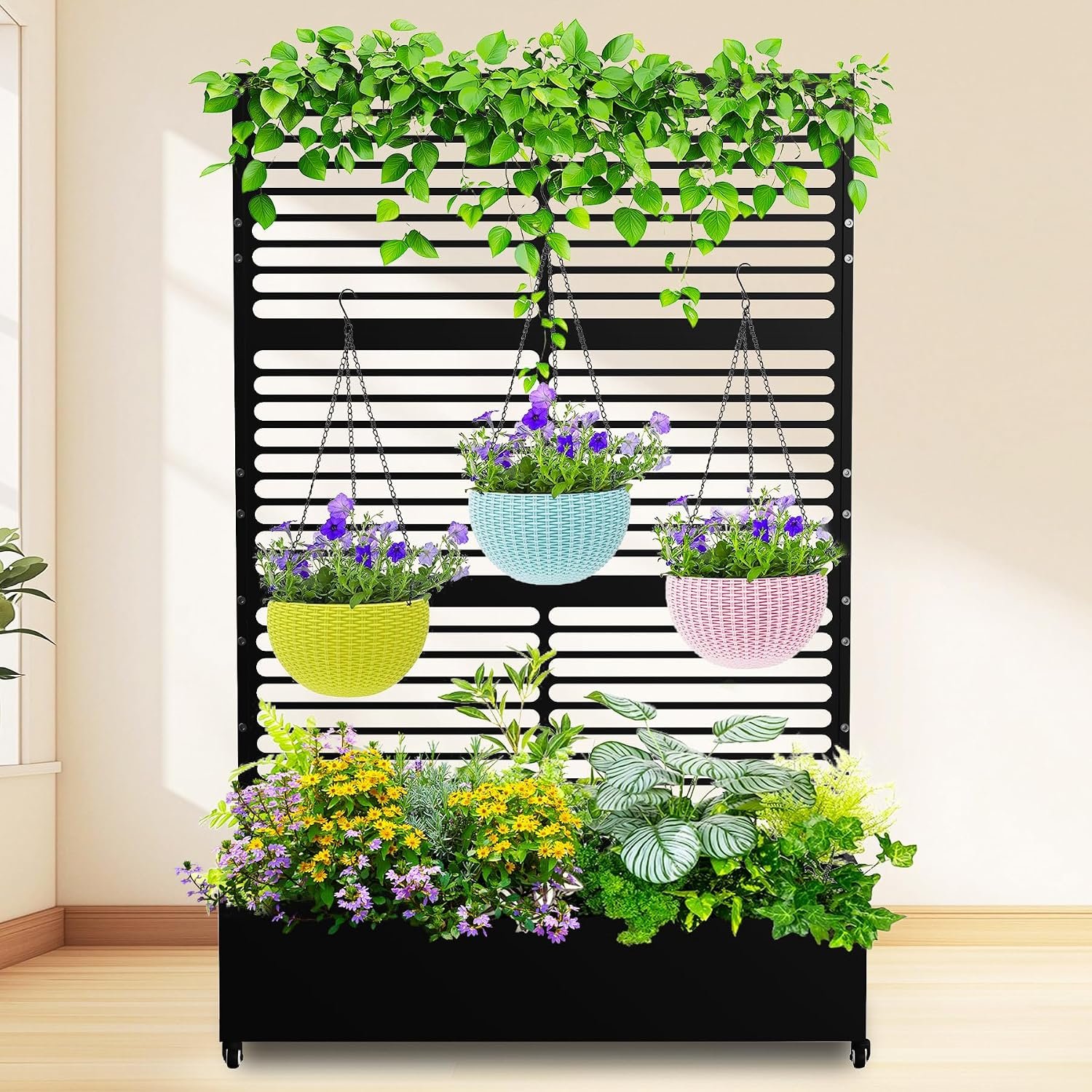 Nexum 72″x47″x16″ Metal Raised Garden Bed with Trellis & Wheels – Planter Box for Climbing Plants, Vegetables, & Vines with Drainage Holes & Privacy Screen