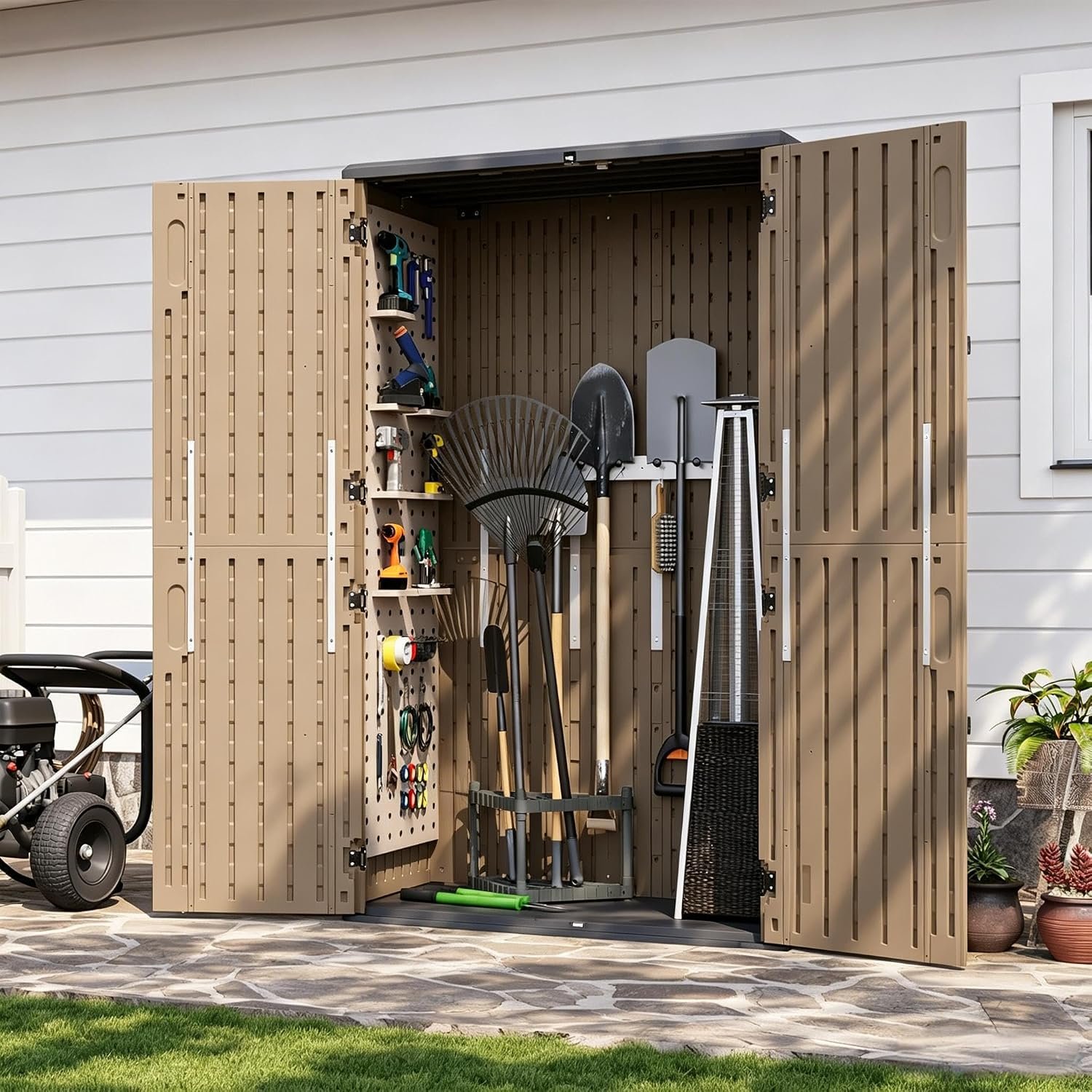 Aoxun Outdoor Storage Shed with Floor, 64 Cu.Ft Large Outdoor Storage Cabinet, Waterproof Vertical Resin Shed for Garden Tools, Pool Equipment, Brown