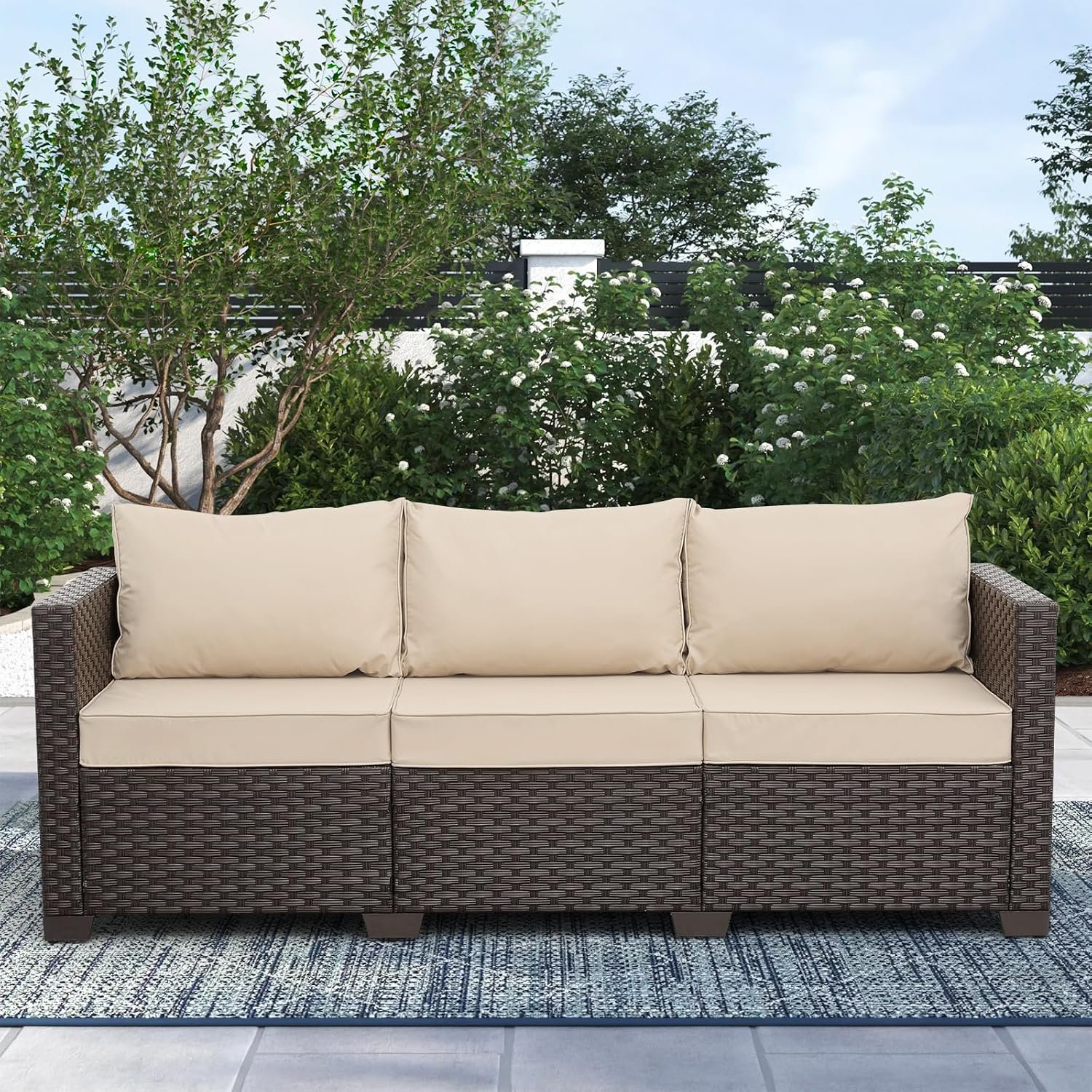 Rattan Star Outdoor Furniture Couch 3 Seater Sofa Outdoor Brown Wicker Sofa Deep Seat High Backrest Patio Couch with Non-Slip Cushions Waterproof Cover, Khaki