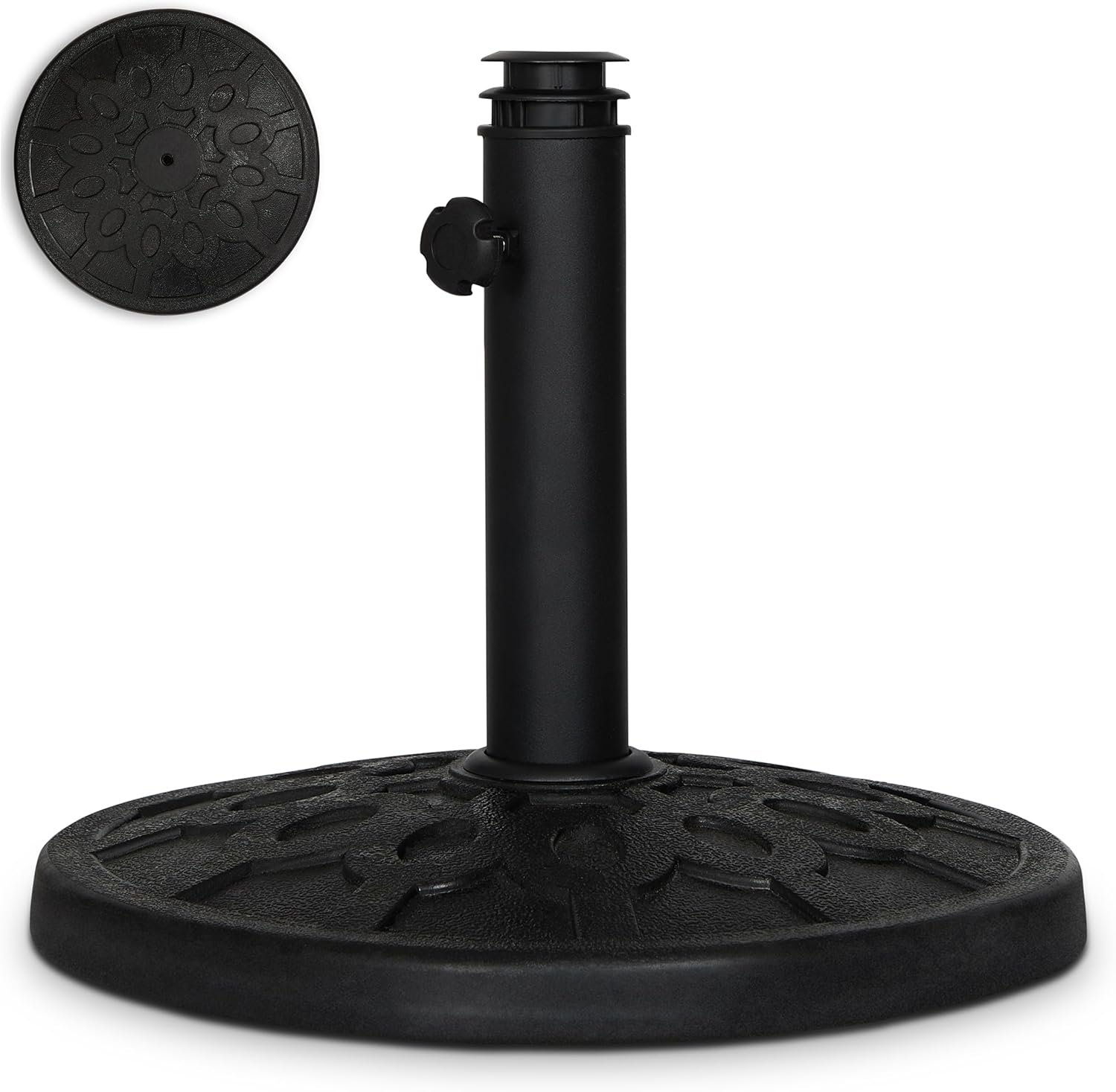 Backyard Expressions 20 lb Round Patio Umbrella Base – Heavy Duty Resin-Coated Calcium Carbonate Stand with Adjustable Pole Adapters Fits 1.5″–2″ Poles, Weather-Resistant, Black Finish