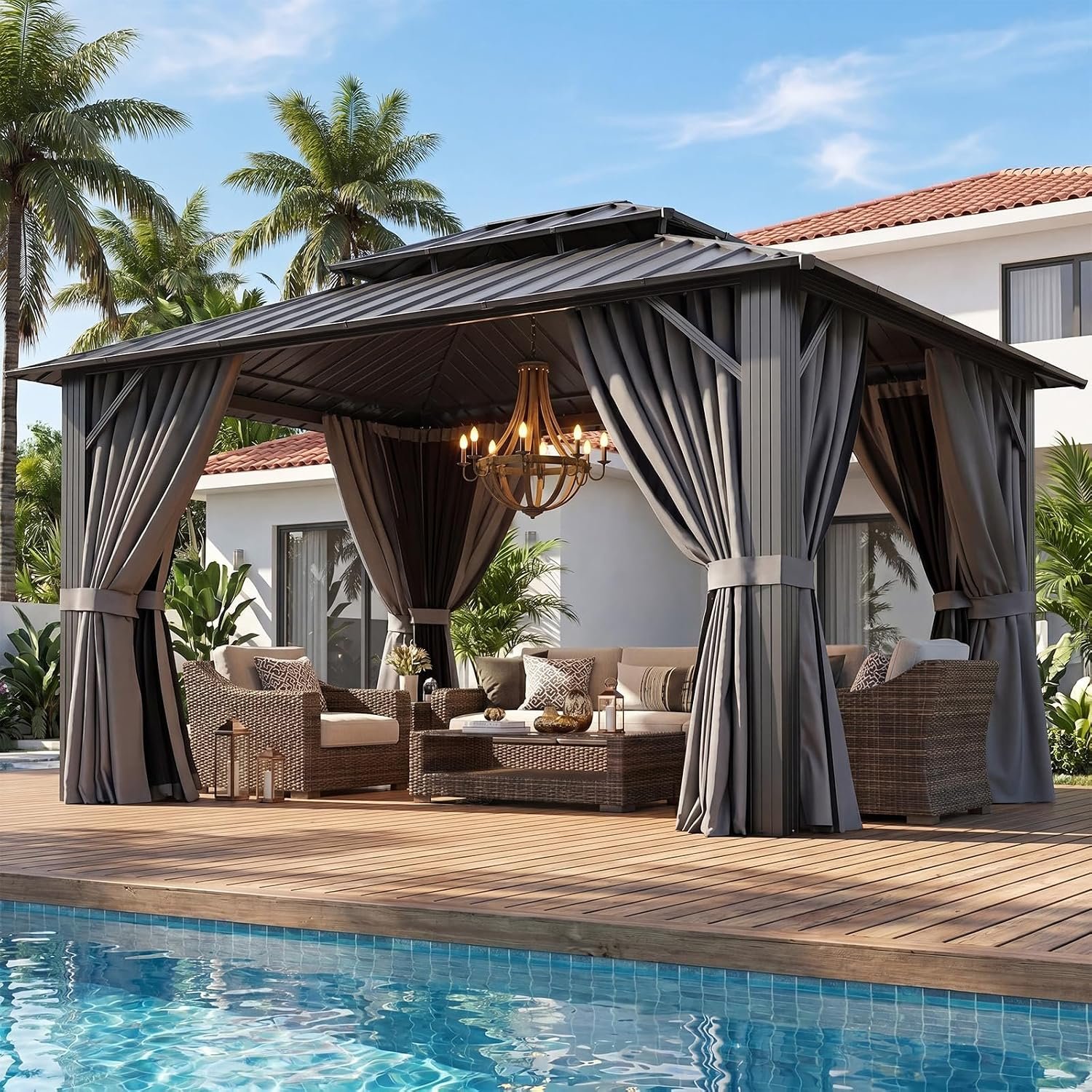 Aoxun 10×12 Gazebo Hardtop Gazebo with Double Galvanized Steel Roof Outdoor Pavilion with Breathable Netting and Privacy Curtain for Backyard (Gray)