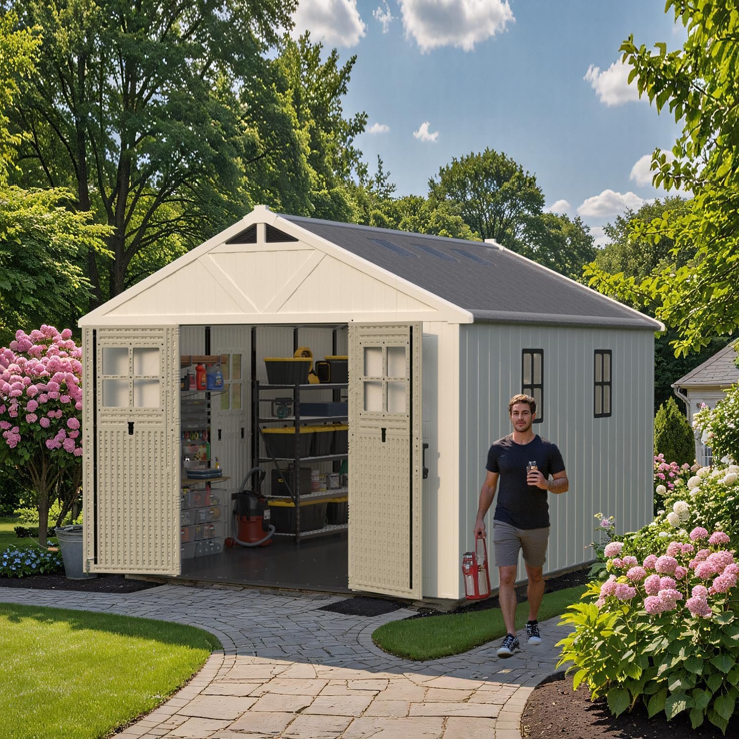 Patiowell 10×12 FT Outdoor Storage Shed with Floor and Lockable Door, All Weather Plastic Shed Garden Shed with Skylight and Multiple Windows for Backyard, Patio, Lawn, Beige