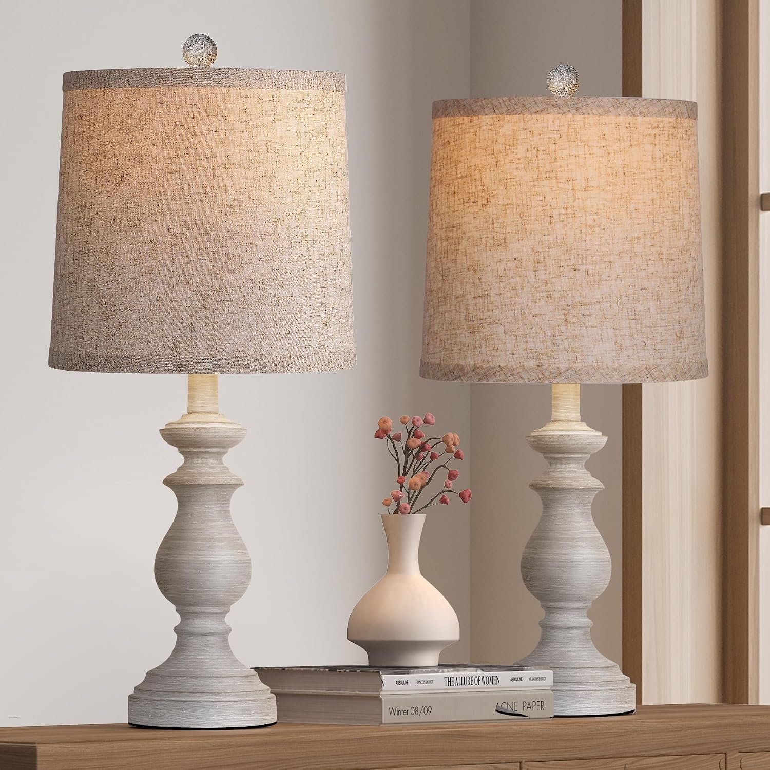 PARTPHONER Traditional Table Lamp Set of 2, Rustic Farmhouse Table Lamps for Living Room Bedroom, 22″ Bedside Desk Lamps Vintage Nightstand Lamps with Linen Shades, Antique Grey