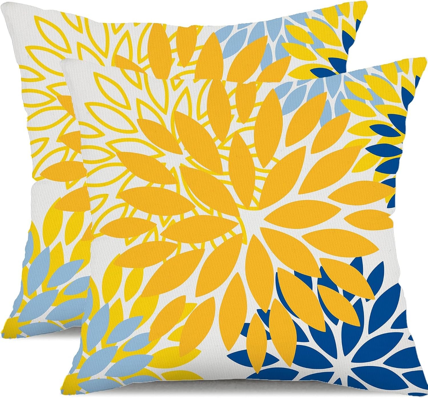 DFXSZ Yellow Blue Flower Pillow Covers 18×18 Inch Set of 2 White Gray Colored Throw Pillows Outdoor Waterproof Decor for Living Room Sofa Patio Funiture Garden Floral Polyester Pillow Covers 002J18