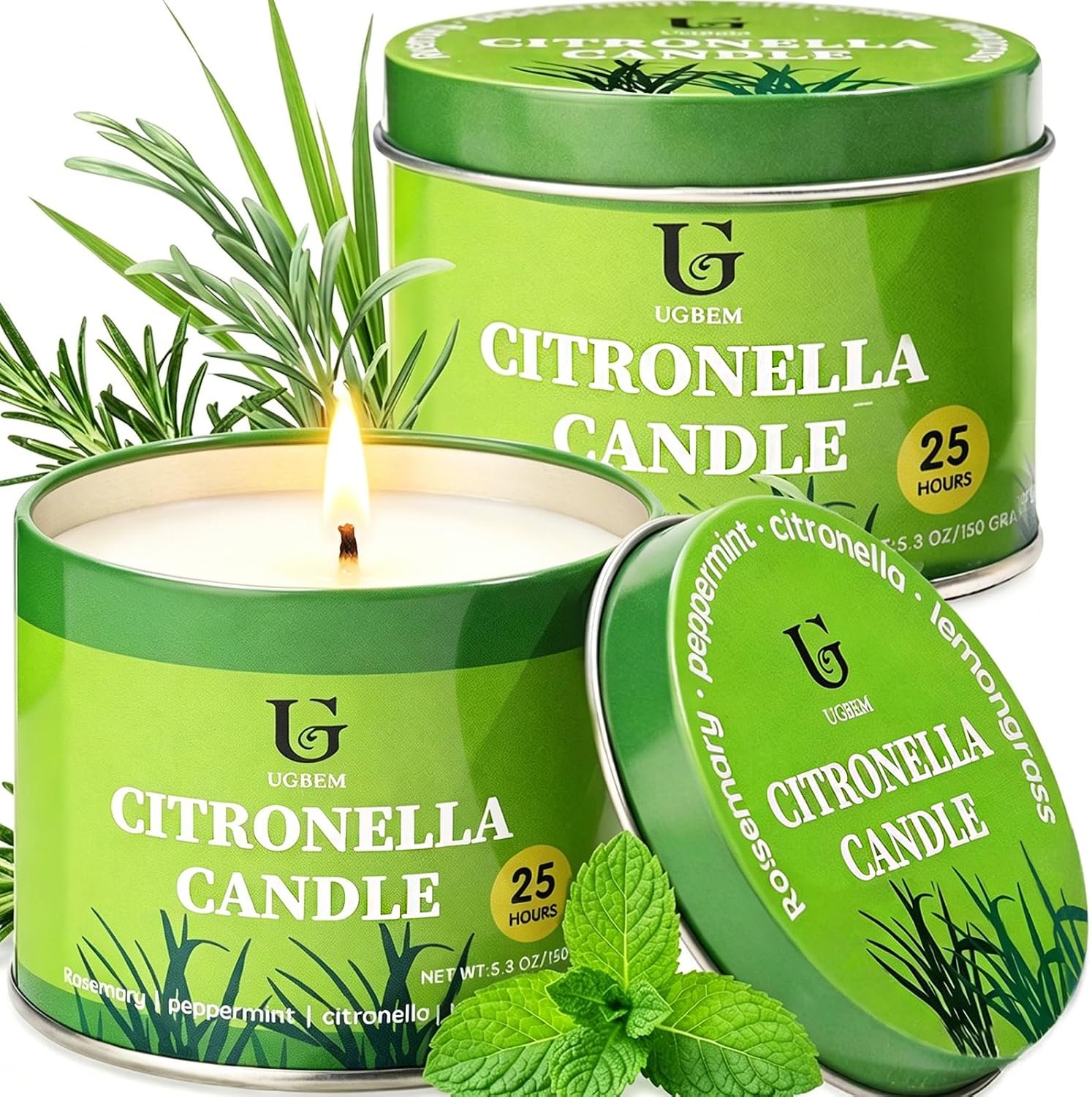 Citronella Candles Outdoor for Camping Patio, Essential Oil Candles for Yard and Outside, Natural Non-Toxic Soy Wax Candle for Backyard Travel Indoor Home Decor, Burns 26 Hours, 5.3oz, 2 Pack