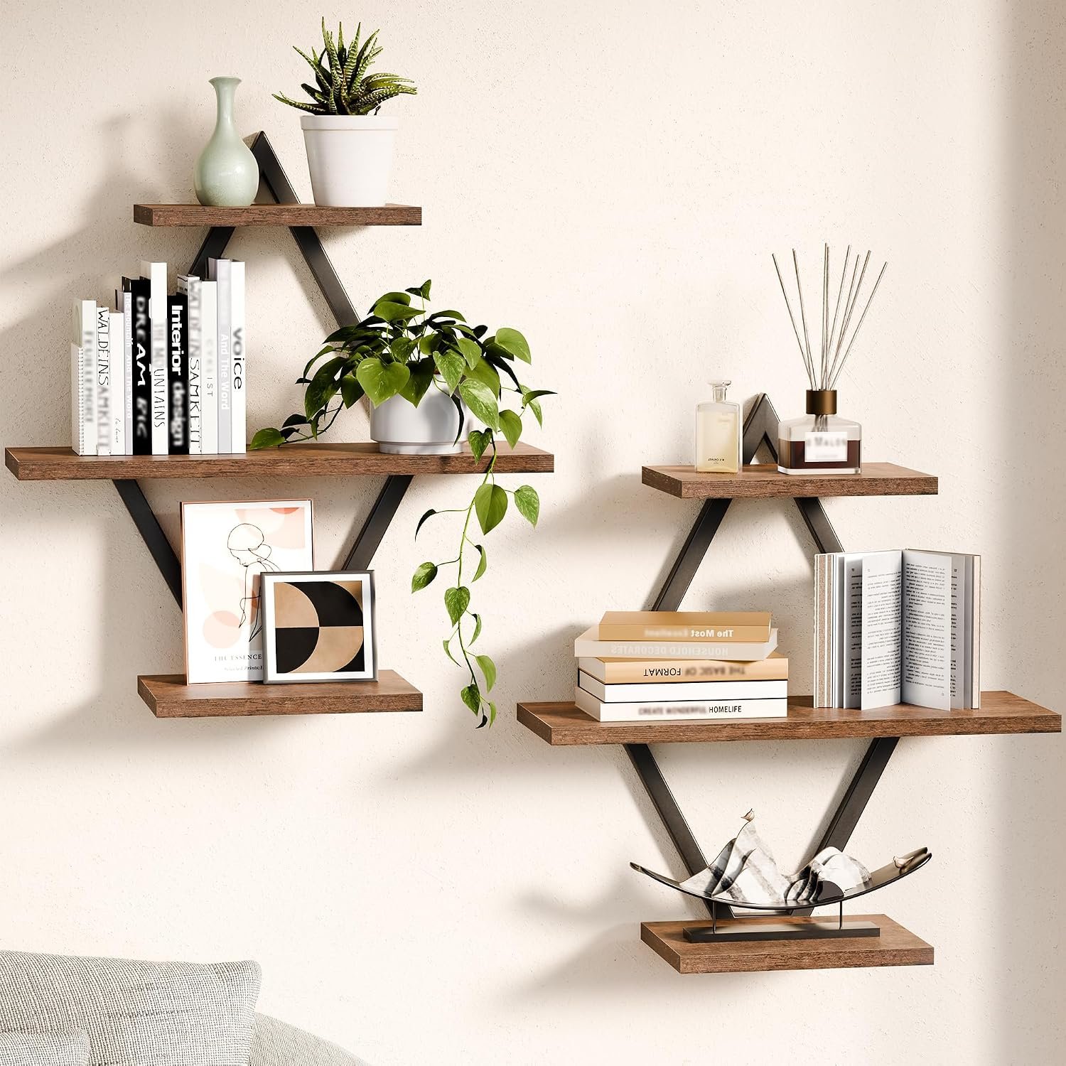 Floating Wall Shelves, Set of 2, Rustic Brown | 3-Tier Hanging, Wall Mounted, Sturdy & Durable, For Bathroom, Living Room, Bedroom, Kitchen, Office