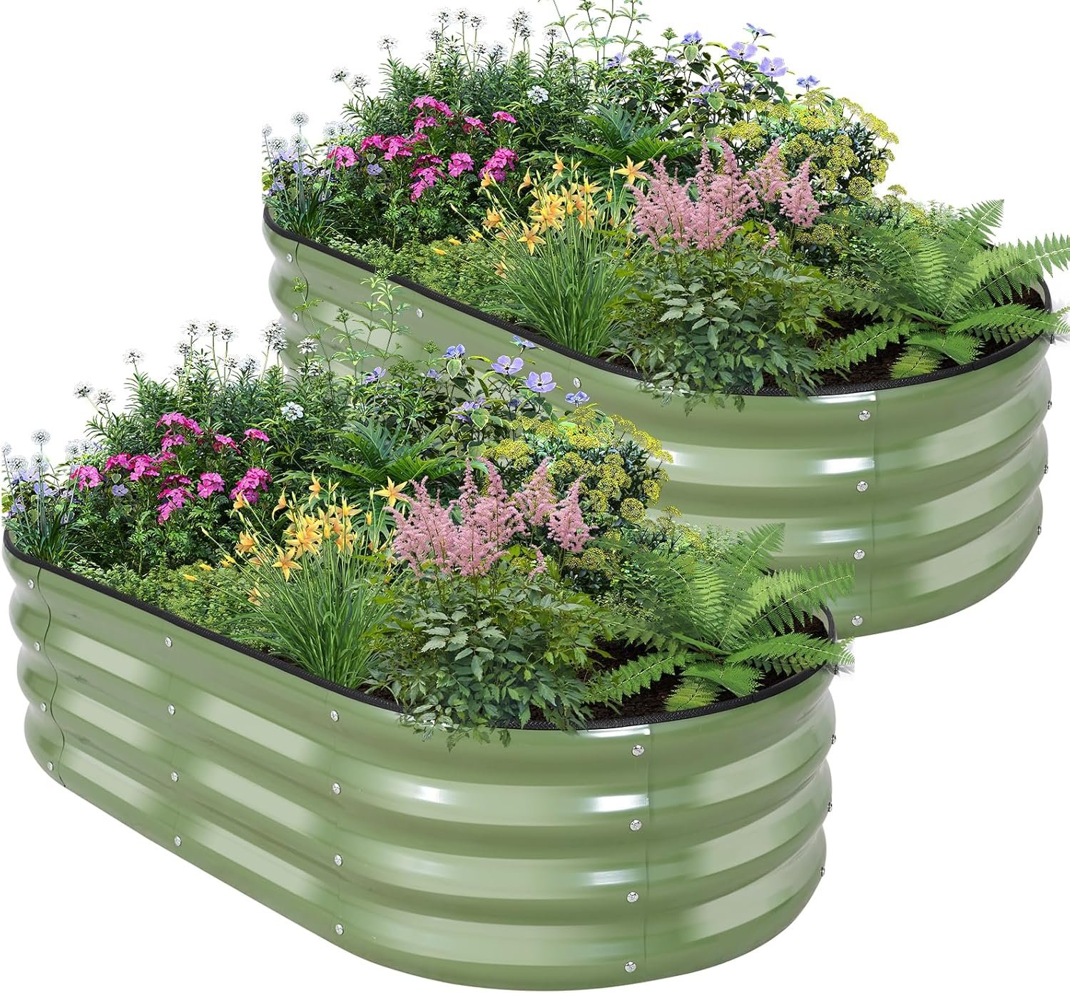 Galvanized Raised Garden Bed, 4x2x1ft, 2 Pack, Olive Green | Outdoor Oval Metal Garden Planter Box, Bottomless, Safety Edging, Includes Gloves, for Vegetables Fruits Flower and Herbs