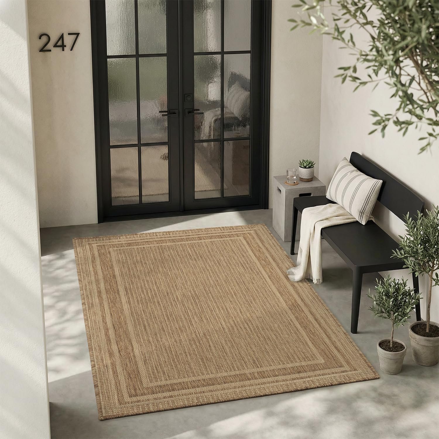 MontVoo-3×5 Outdoor Rug Porch Entryway Rug-Polypropylene Indoor Outdoor Rugs for Entryway Kitchen Balcony Patio, Textured Weave, Durable, Fade-Resistant, Non-Shedding, Modern Neutral Brown