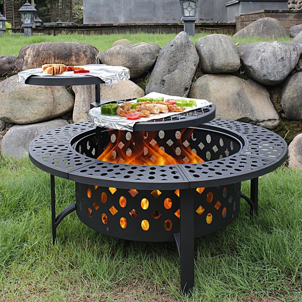 OutVue 42 Inch Fire Pit with 2 Grills, Extra Large Wood Burning Fire Pits for Outside with Lid & Poker, Heavy Duty Firepit,BBQ& Outdoor Firepit & Round Metal Table 3 in 1 for Patio, Picnic, Party