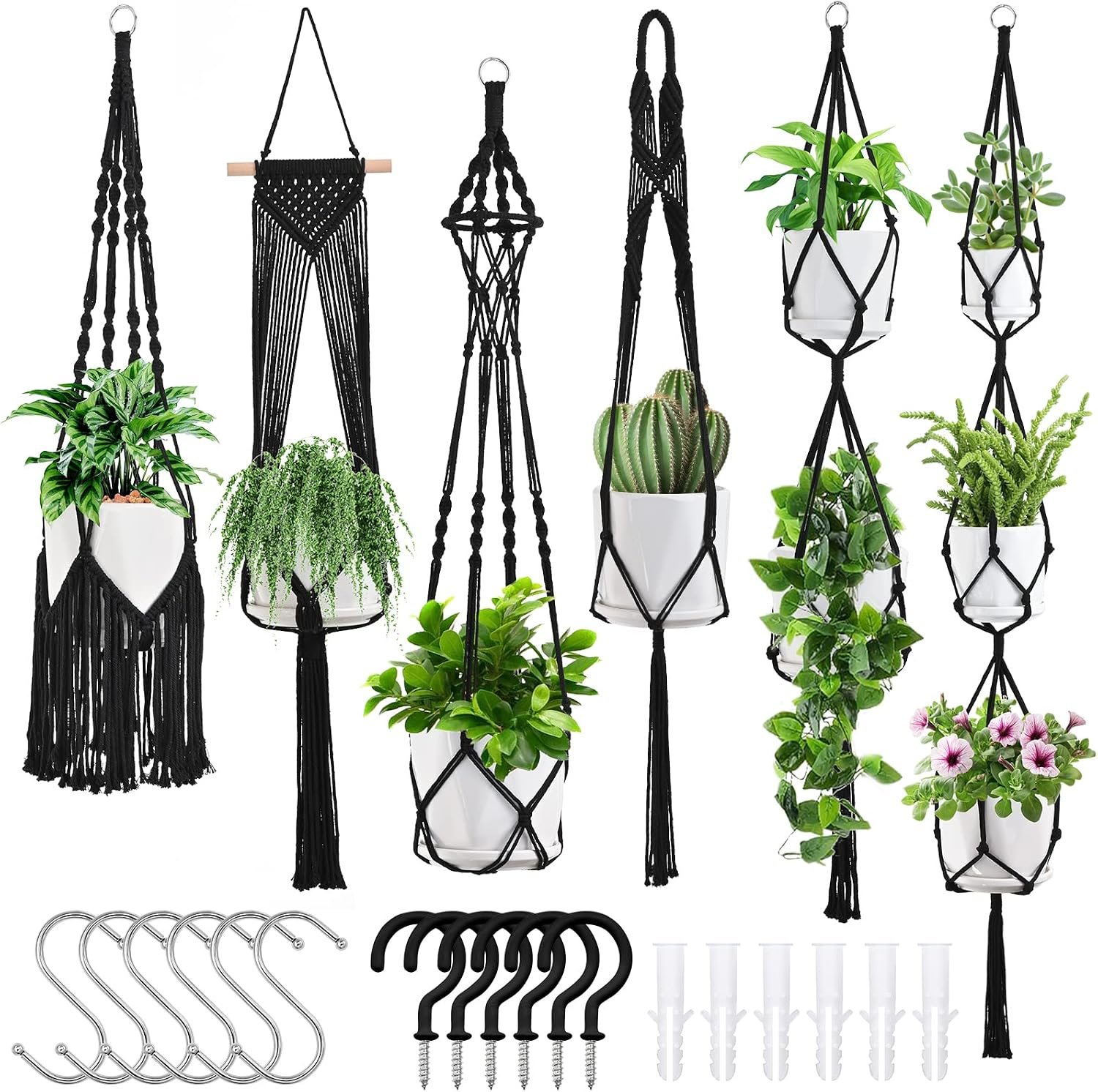 SFENNGPET Macrame Plant Hangers, 6Pack Hanging Planters for Indoor Plants | 6 Set hangers kit, handmade macromay plant hangers, indoor flower pots holder stand for boho home décor, fits 6-10 inch pots
