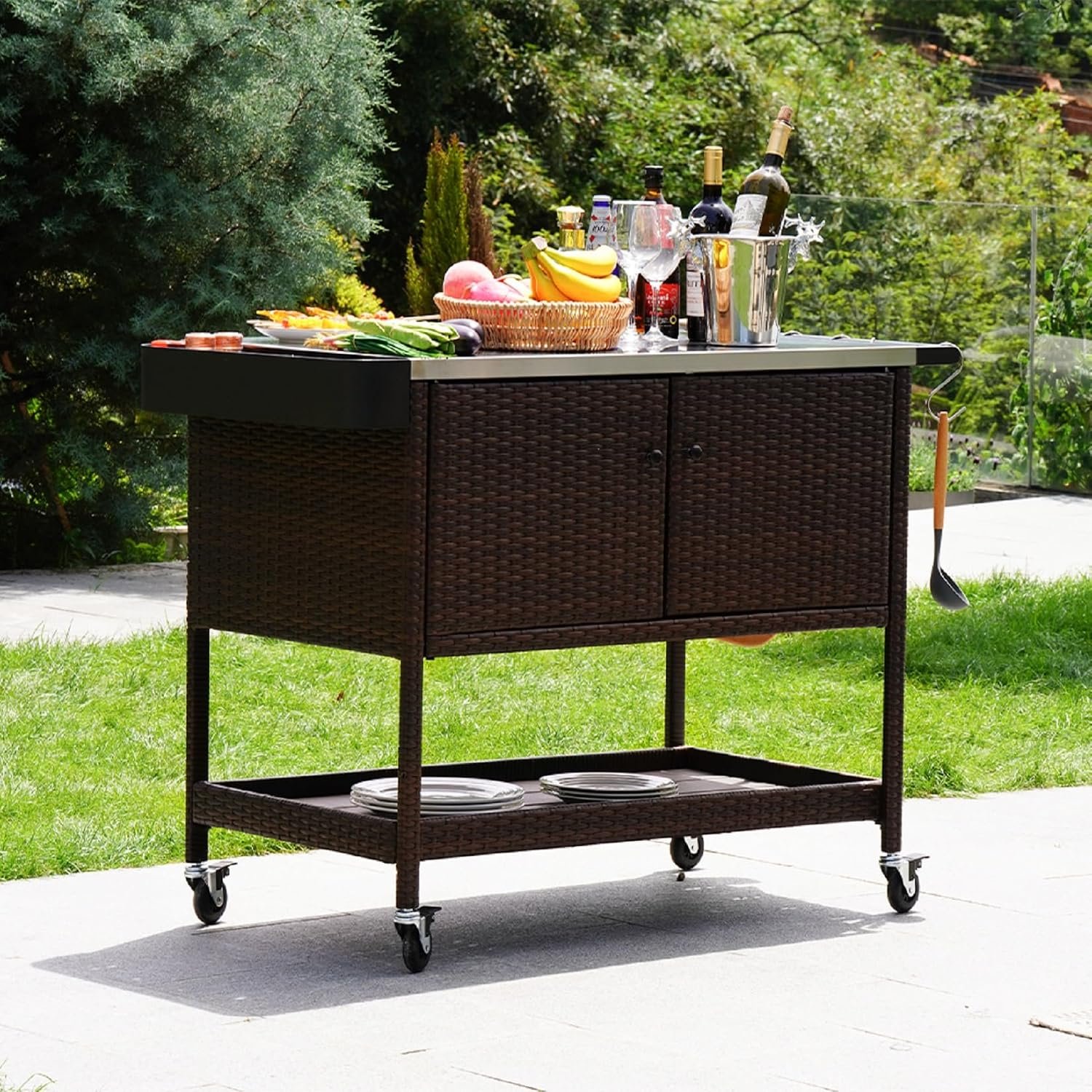 Grand patio Outdoor Bar Cart, Patio Storage Cabinet with Stainless Steel Top & Lockable Wheels, Kitchen Island Table Grill Cart for Outside Backyard Garden, Brown