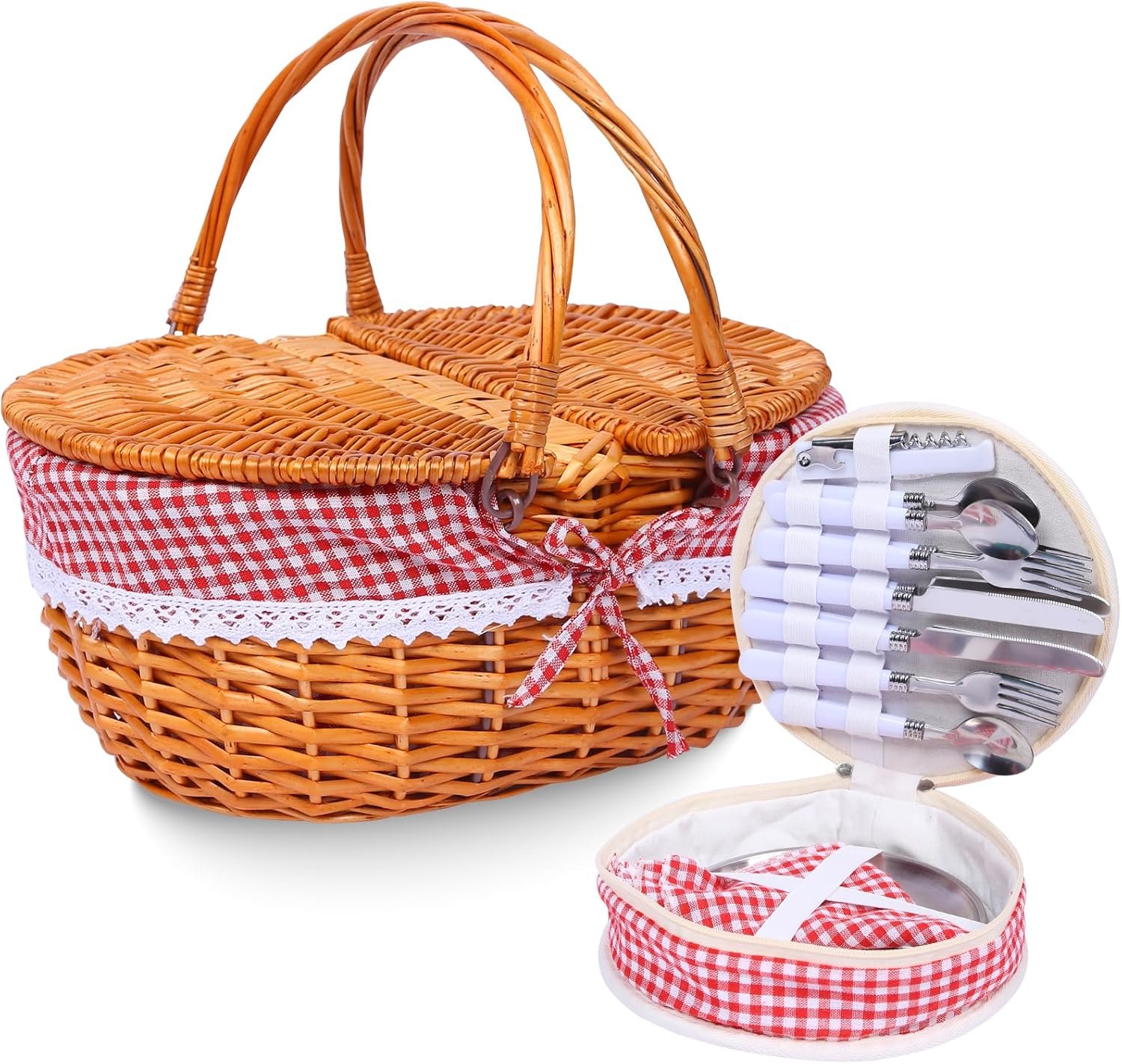 Wicker Picnic Basket for 4 with Lid and Cutlery, Red Plaid | 15 x 11 x 7 in handwoven basket with split lid, washable liner, folding handles and stainless tableware for 4