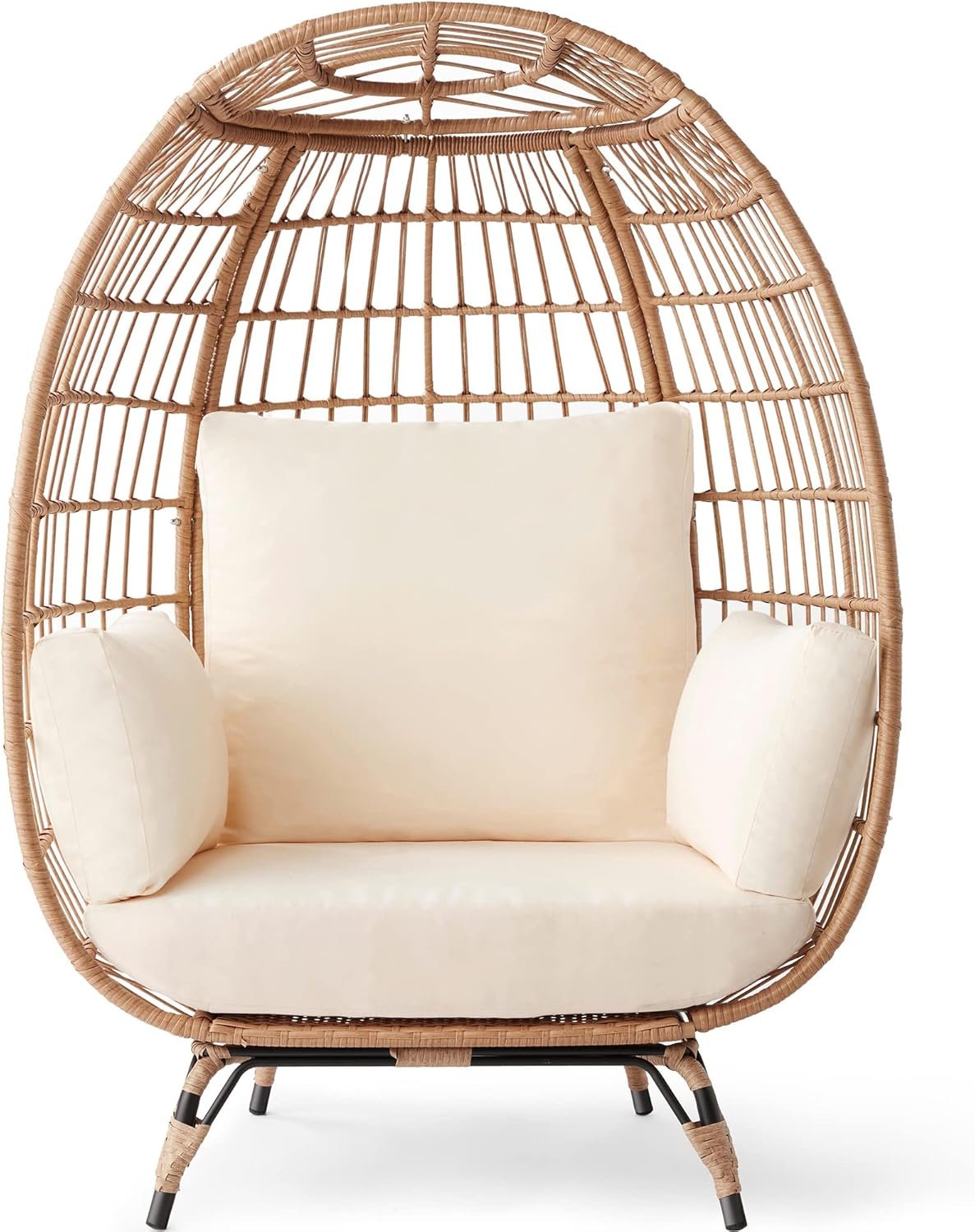 Best Choice Products Wicker Egg Chair, Oversized Indoor Outdoor Lounger for Patio, Backyard, Living Room w/ 4 Cushions, Steel Frame, 440lb Capacity – Ivory