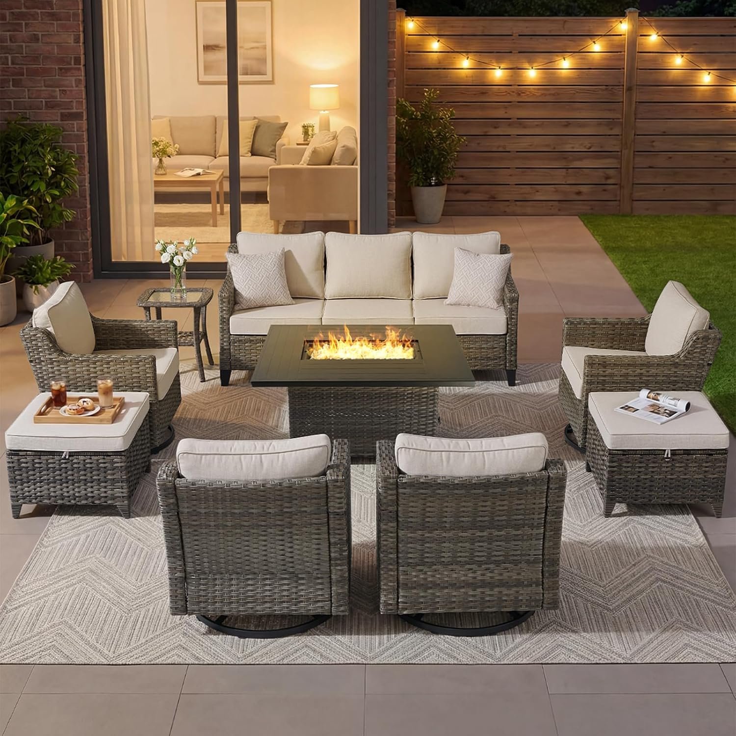 Outdoor Furniture Set of 9, Patio Sofa with Luxury 4″ Cushion, Wicker Swivel Rocker Patio Chairs, and Fire Pit Table, High Back&Deep Seat for Garden Deck Porch Balcony Backyard – Beige