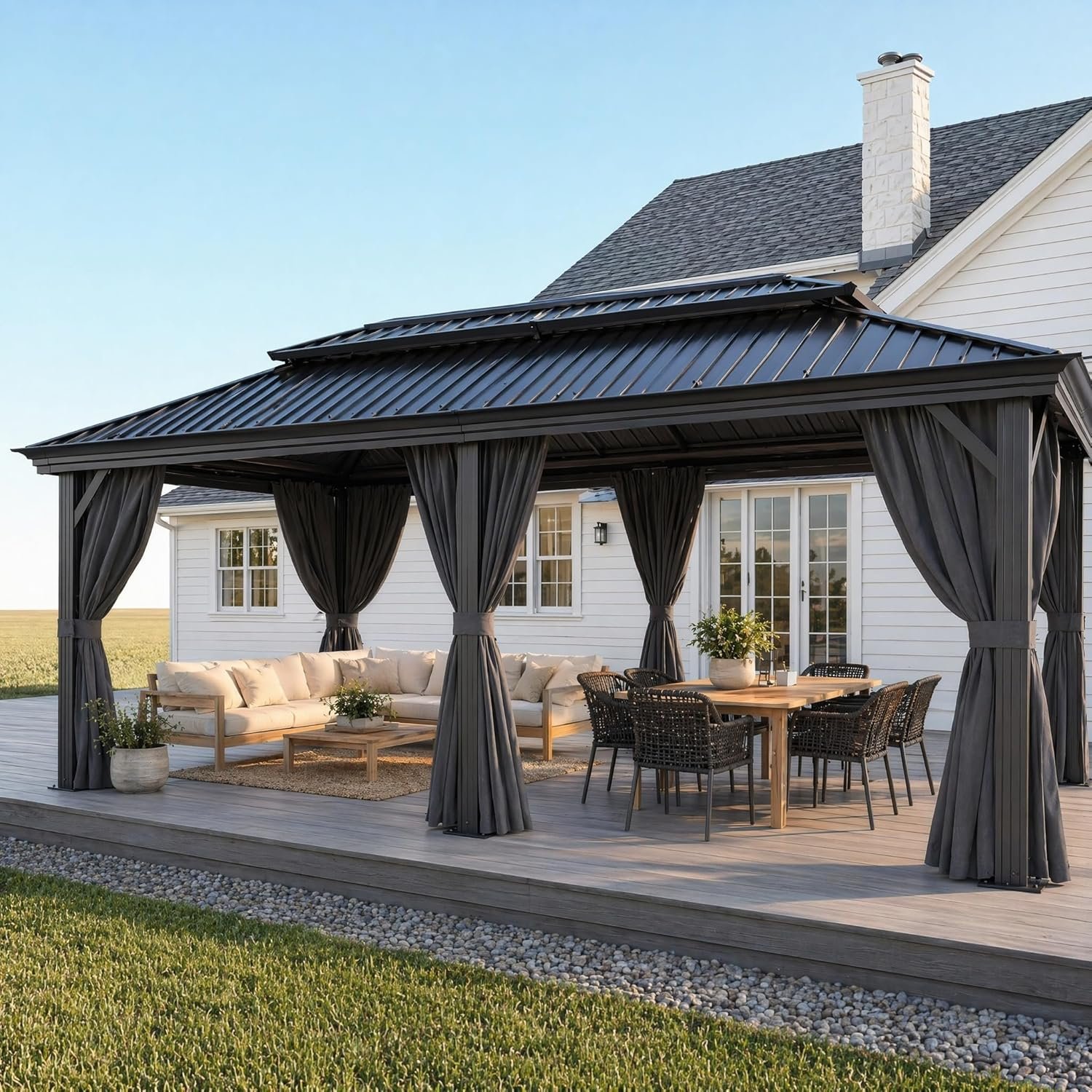 HOTEEL 12×20 Gazebo on Clearance with Metal Roof, Heavy Duty Hardtop Gazebo with Flame-Retardant Curtain & Netting, Outdoor Hard Top Gazebos with Galvanized Steel Double Roof for Backyarad,Patio Black