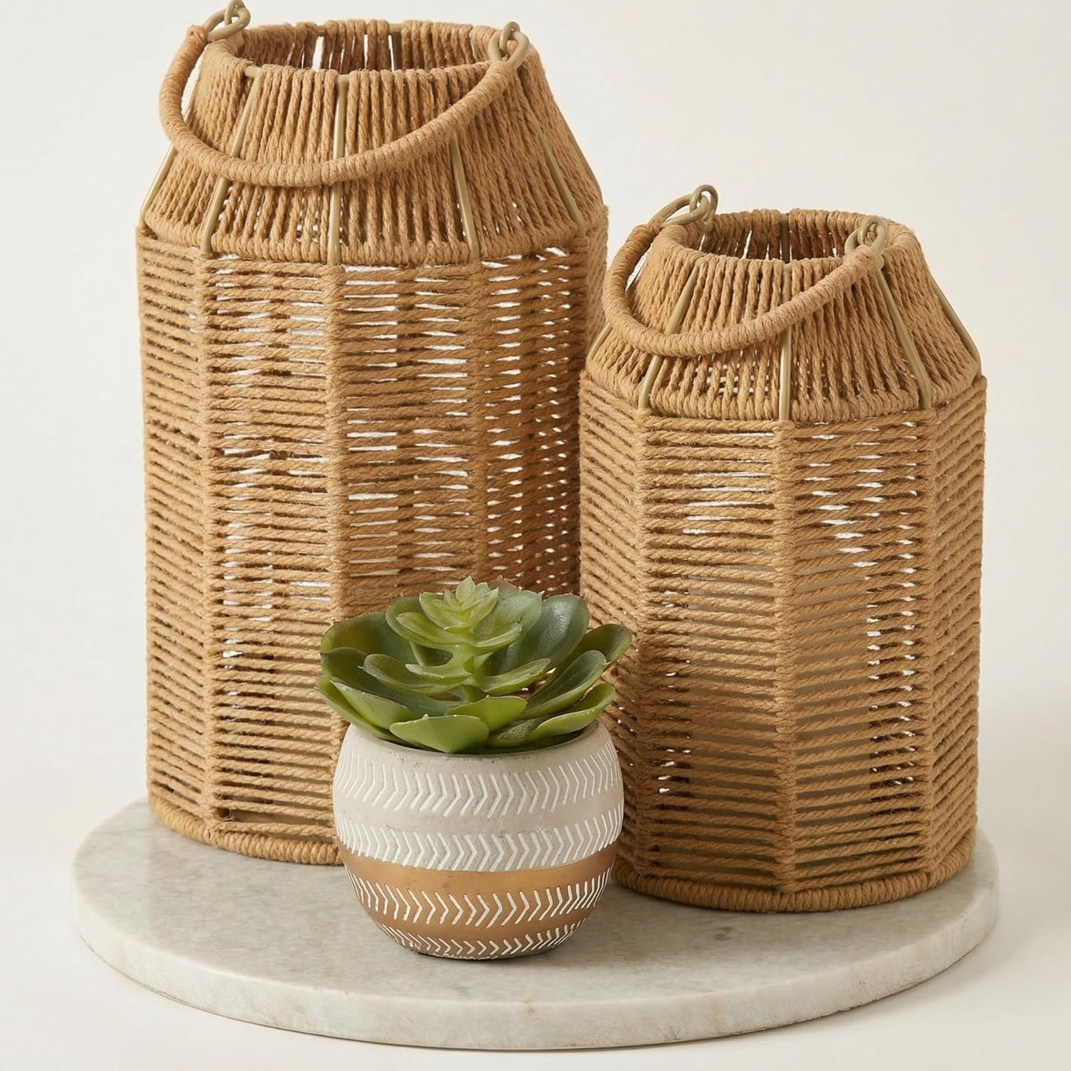 Natural Jute Boho Lanterns – Handcrafted Coffee Table Decor to Enhance Your Home – Modern Decorative Farmhouse Beauty for Living Room, Patio & Front Porch, Indoor and Outdoor or Kitchen Dining Table