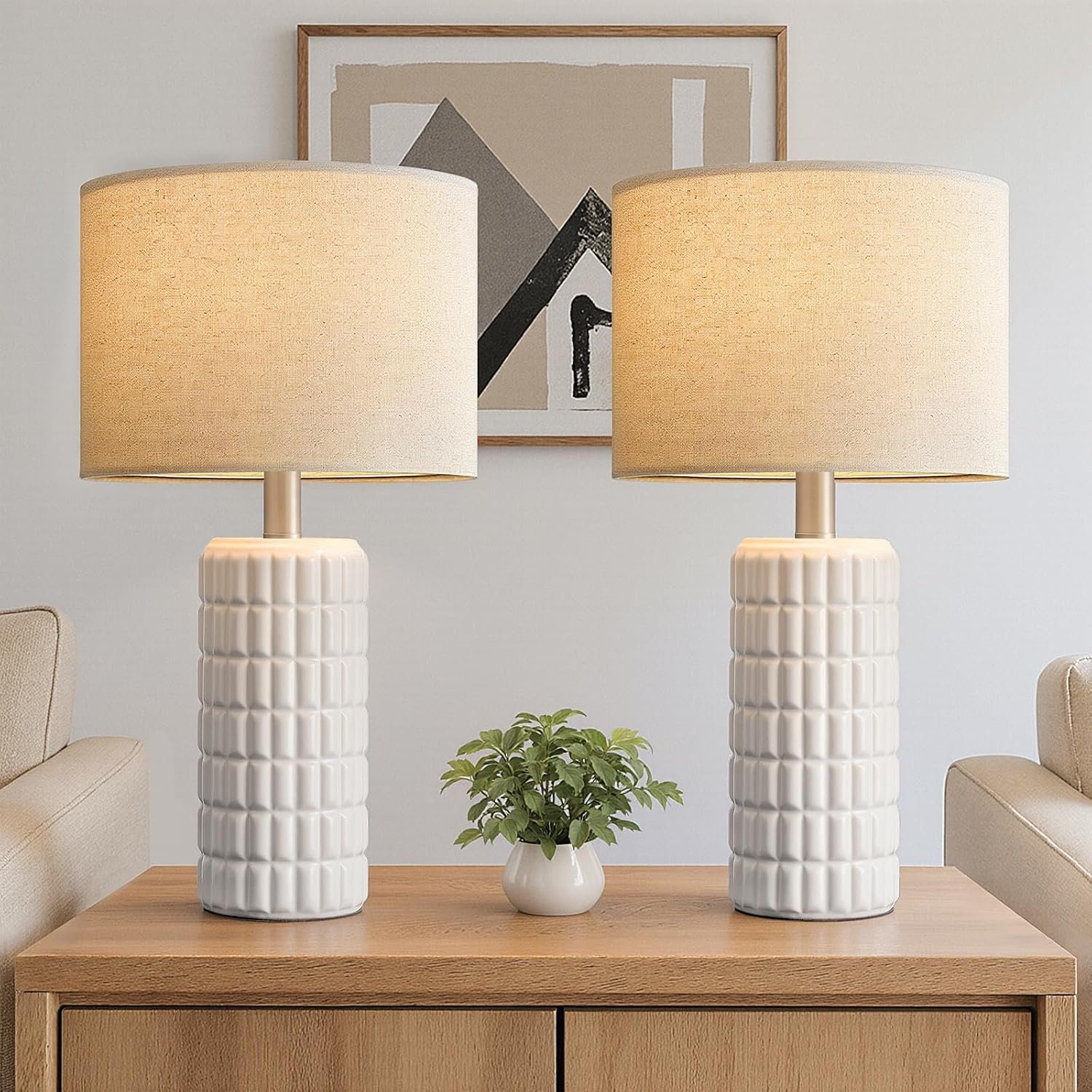 Seealle 23″ Modern Ceramic Table Lamps Set of 2 – Table Lamps for Living Room, Farmhouse Bedside Night Stands Lamp for Bedroom, White Nightstand Lamps Set of 2, Desk Lamp for End Table Home Decor