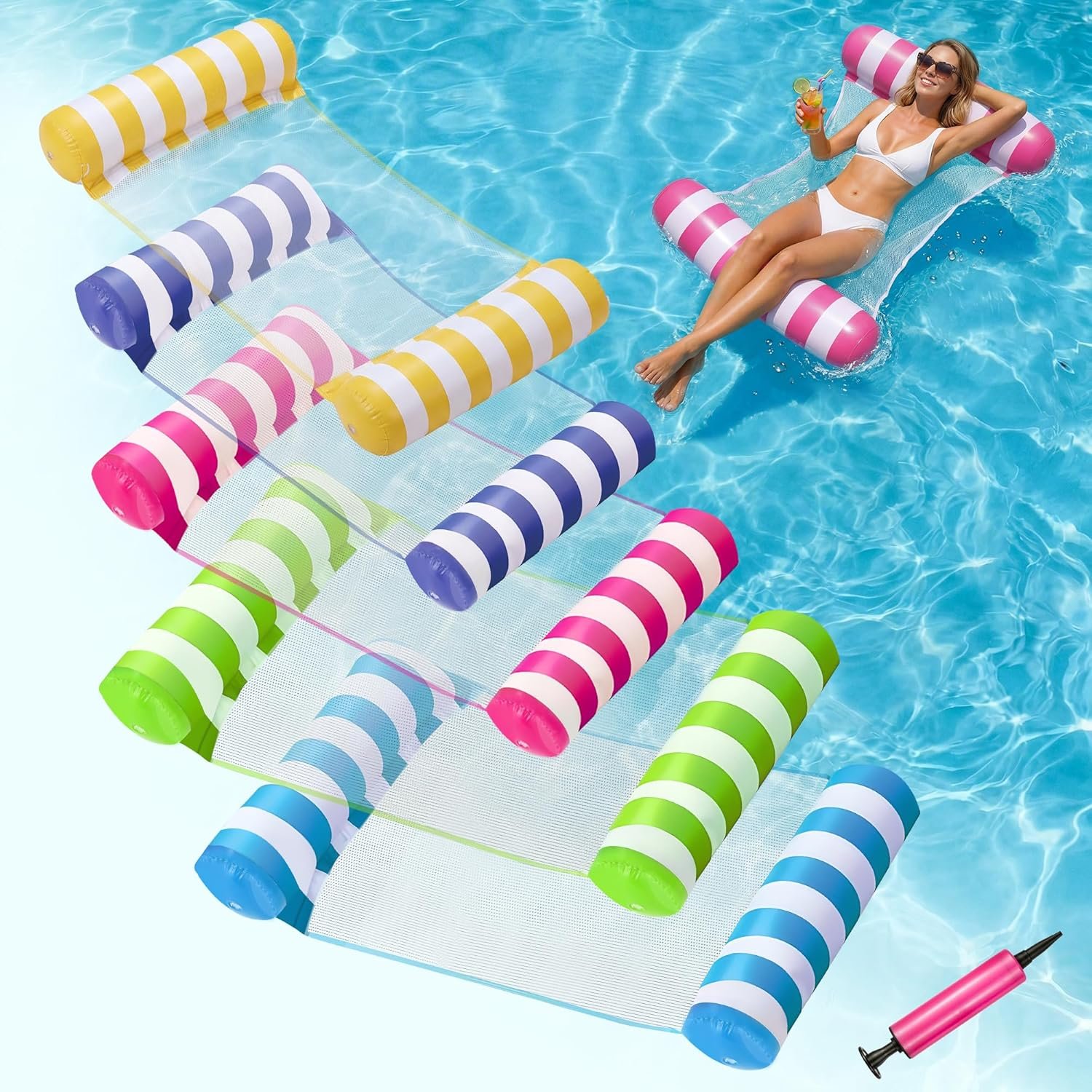 OKSUWATER 5 Pack 4-in-1 Inflatable Pool Floats for Adults, Multicolor | Thickened PVC, Headrest, Footrest, Net Fabric, Cooling Mesh, Water Hammock, Pool Floaties for Pool Party, Beach, Lake
