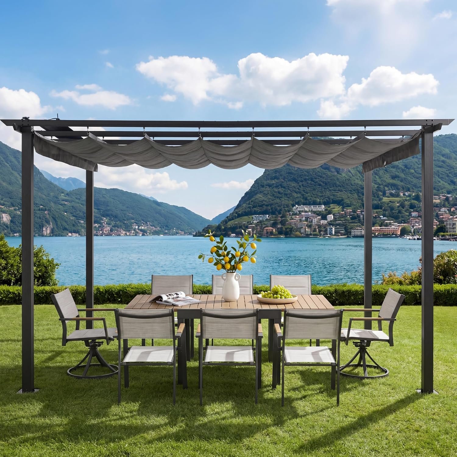 10’x10′ Retractable Pergola Aluminum, Outdoor Patio Gazebo with Adjustable Roof & Sun Shade Canopy, Faux Wood Grain Metal Pergola for Backyard, Deck, Garden, Grey