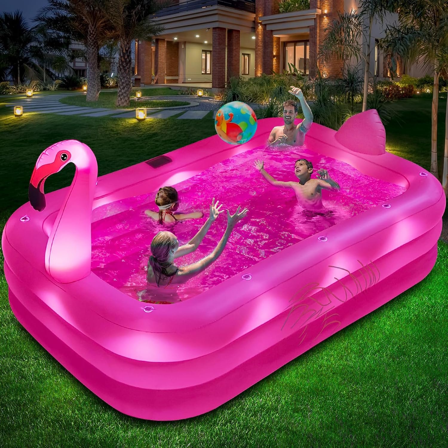 Inflatable Pool with Lights, Solar Flamingo Swimming Pool for Kids,Adults Inflatable Blow up Pool, Large Kiddie Pool,Durable Thickened Kids Pool for Backyard,Outdoor,100″X63″X20″-Bright Pink