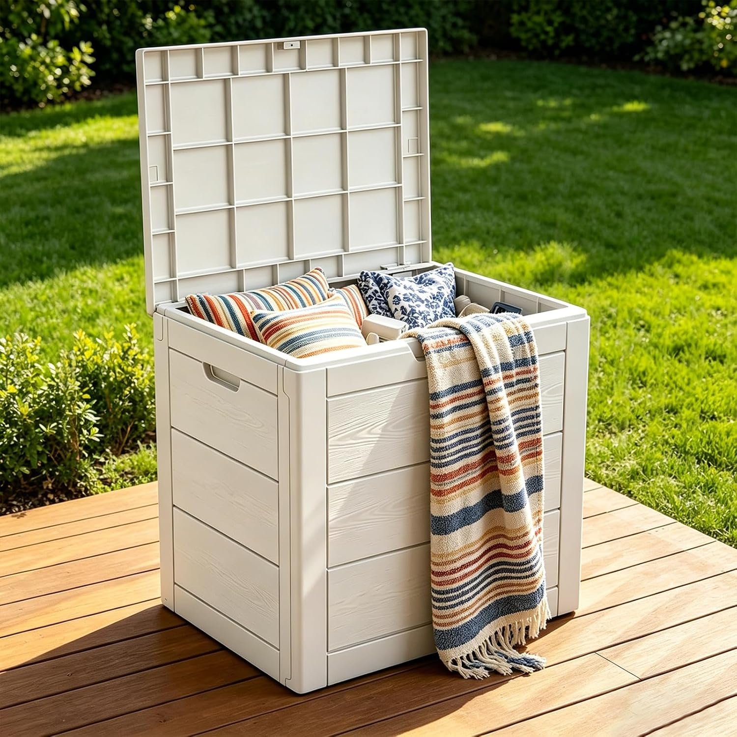 35 Gallon Deck Box, Lockable Waterproof Resin Storage Box for Patio, Indoor & Outdoor Use, for Cushions, Accessories, Package Delivery & Garden Tools,Beige