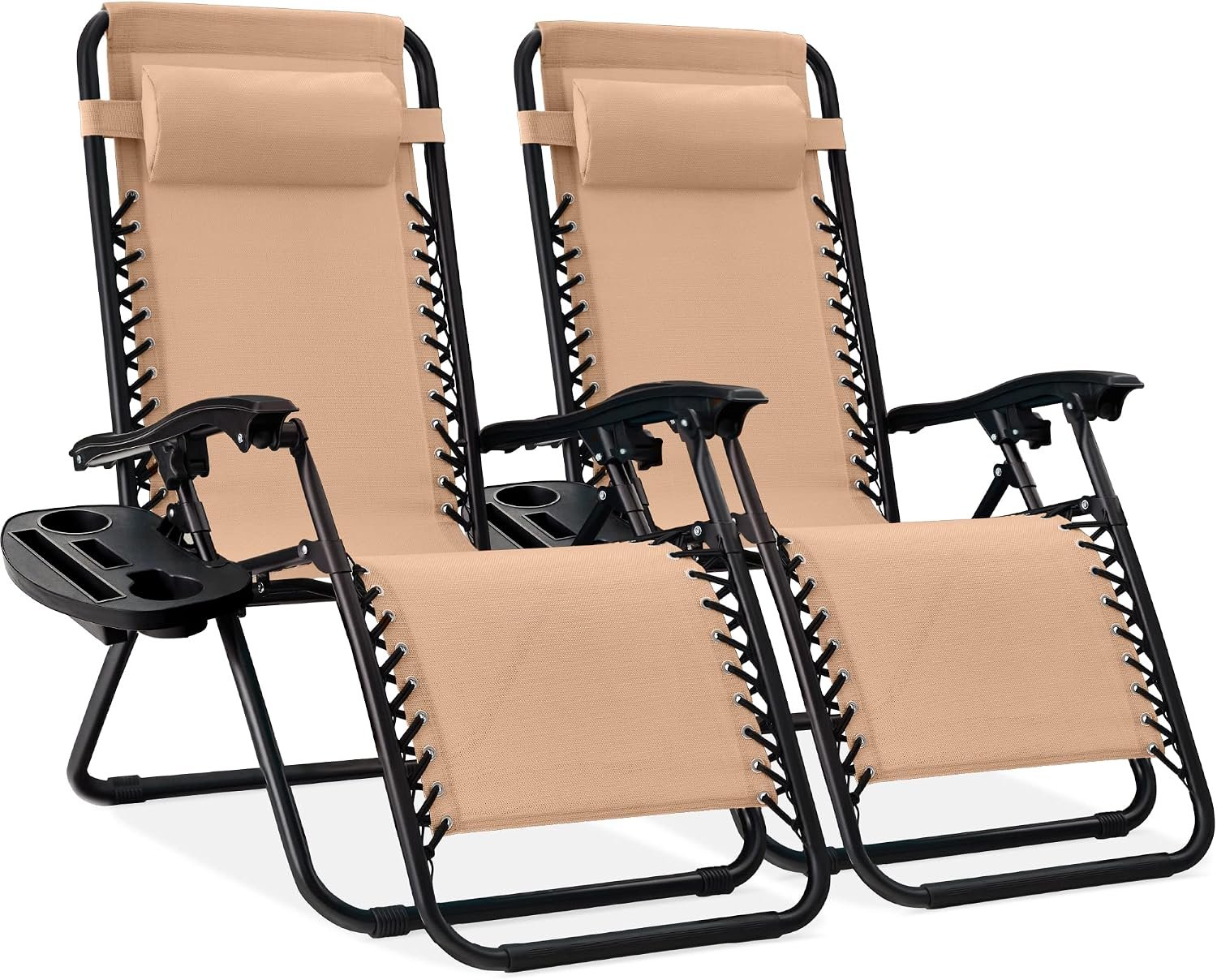 Best Choice Products Set of 2 Adjustable Steel Mesh Zero Gravity Lounge Chair Recliners w/Pillows and Cup Holder Trays – Beige