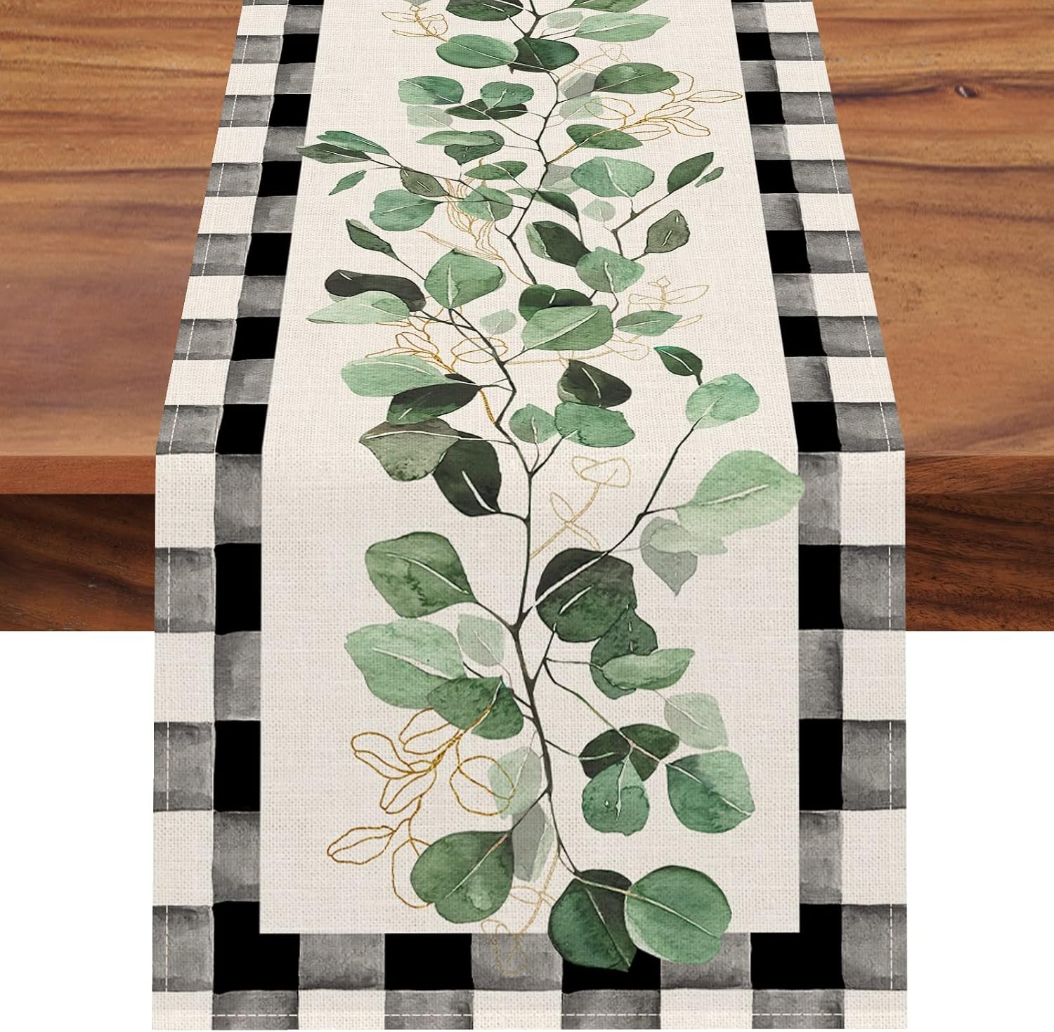 Seliem Spring Eucalyptus Leaves Greenery Table Runner, Black White Buffalo Plaid Check Kitchen Dining Table Decor, Green Plants Botanical Summer Farmhouse Home Decoration Party Supply 13 x 72 Inches