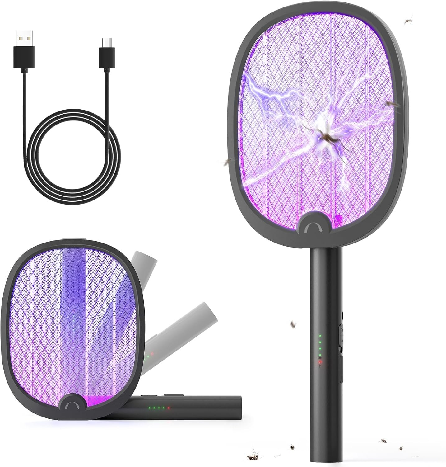 YISSVIC Electric Fly Swatter Foldable Bug Zapper Racket 2 in 1 Mosquito Killer with Purple Attractant Light Rechargeable 1800mAh for Indoor Home Backyard Patio Camping
