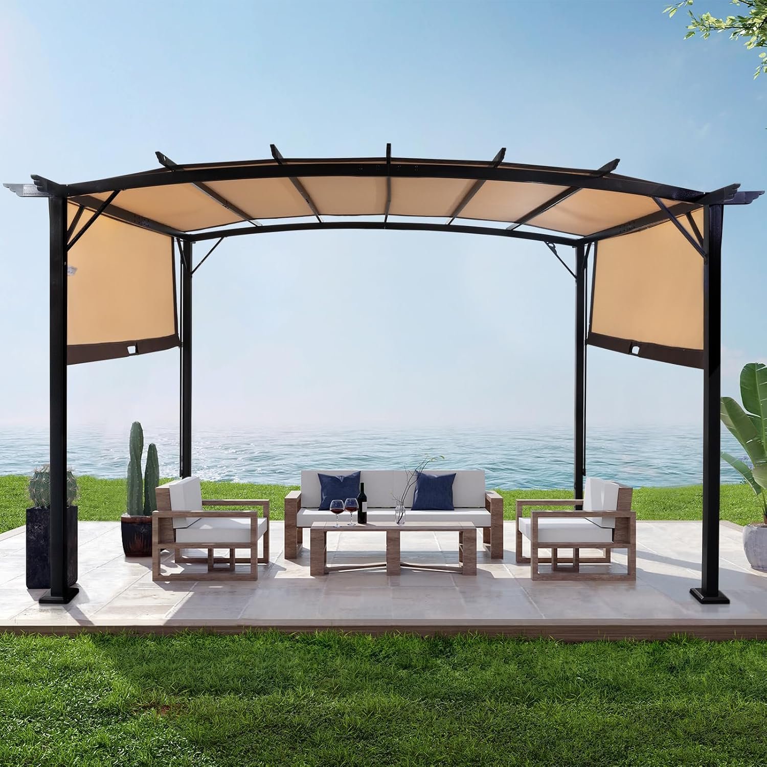 Outvita Patio Pergola, 8x12ft Arched Aluminum Gazebo Khaki | with Adjustable Waterproof Sun Shade Shelter Awning for Garden Lawn Deck