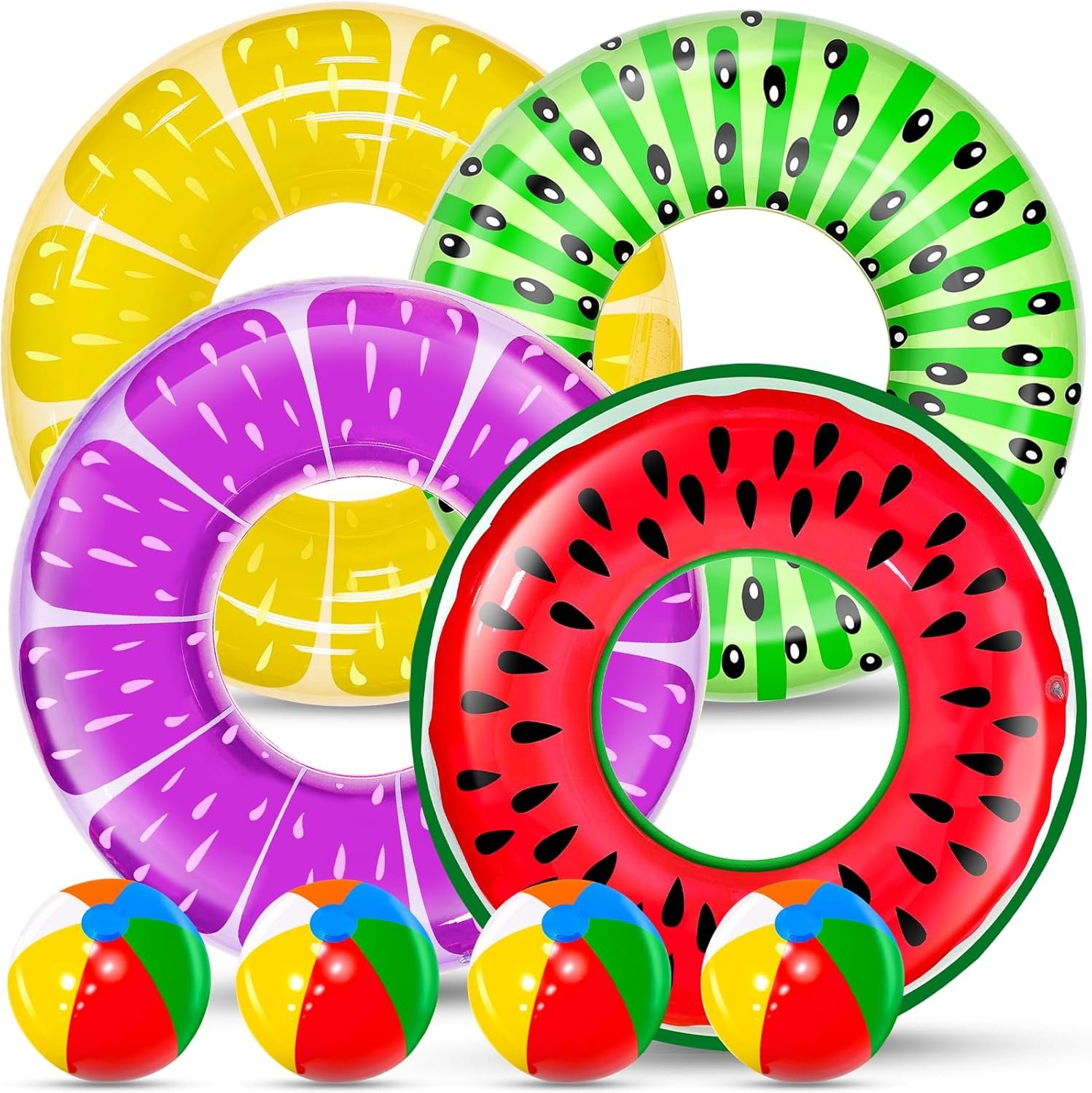 8 Pack Inflatable Pool Floats, Pool Toys for Swimming Pool Party Kids Adults 4 Pcs Fruit Swim Tube Rings & 4 Pcs Beach Balls Pool Floaties Summer Lake Hawaiian Beach Luau Party Decorations Water Fun