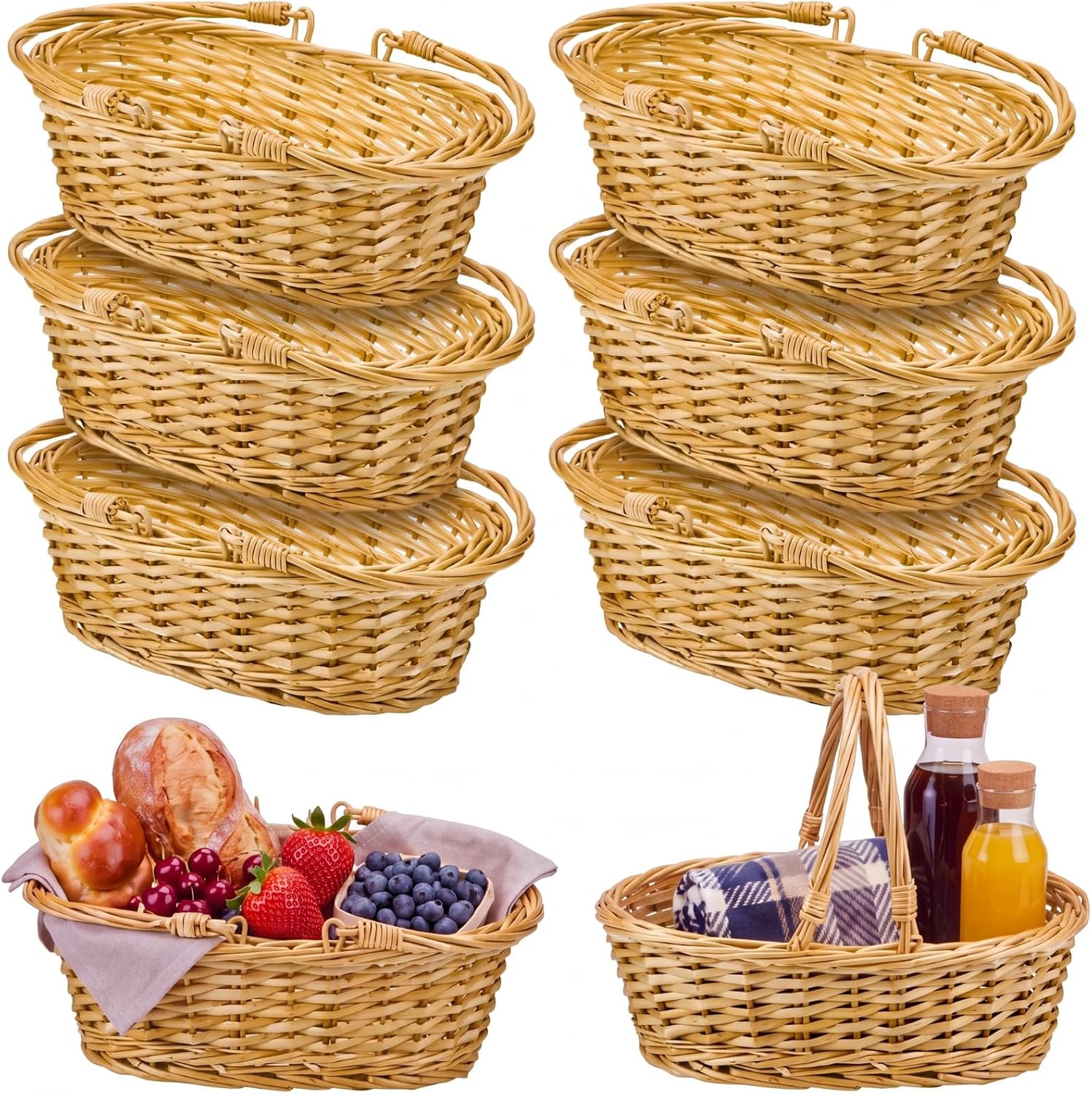 Sintuff 6 Pcs Small Wicker Picnic Basket with Handle 12.6 x 8.27 x 3.15 Inches Oval Willow Woven Braided Gifts Basket for Fruit Bread Snack Garden Wedding Harvest Gathering Party Storage Decor