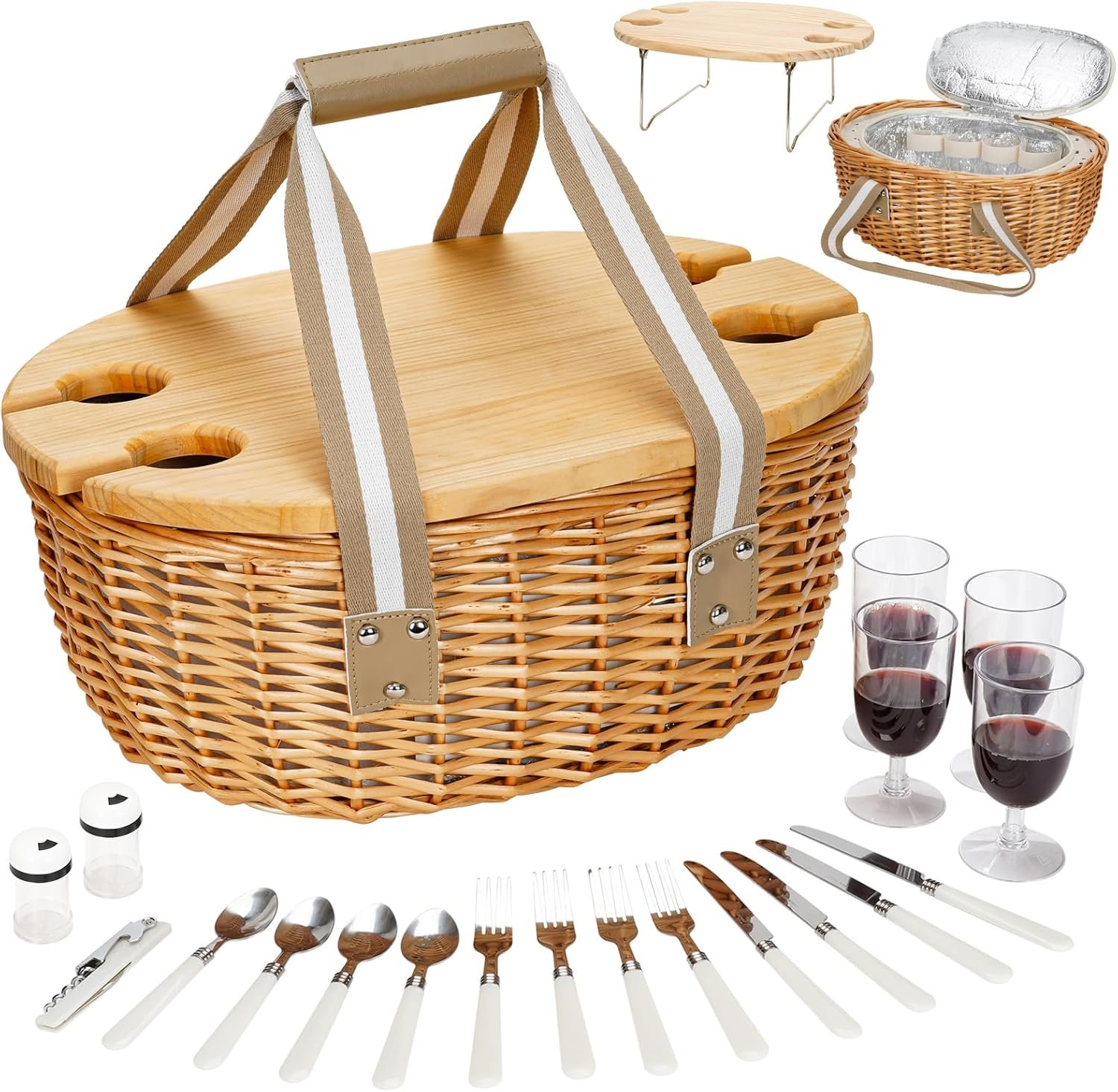 Picnic Basket for 4 – Wicker Picnic Set with Wine Table | Willow Basket Kit with Insulated Cooler Bag for Camping, Outdoor, Christmas, Party (Beige)