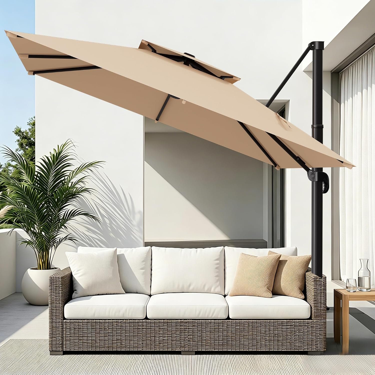 AreShark 12×12FT Double-Top Cantilever Patio Umbrella, Square Offset Umbrella with 360 Degree Rotation, Heavy Duty Patio Umbrella for Garden Deck Pool, 5 Tilt Angles, Beige (Base Not Include)