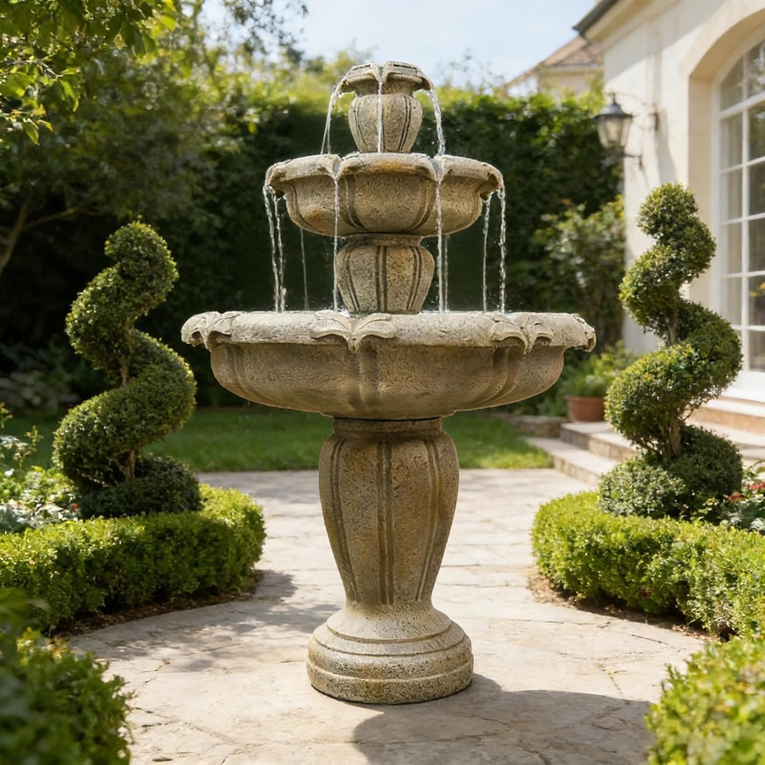 Naturefalls 48″ Water Fountain Outdoor – Large Waterfall Fountain Outside, 3-Tiers Cascading, Fiber Reinforced Concrete, Indoor and Outdoor Fountain for Garden, Patio, Backyard, Lawn, Yard Decor