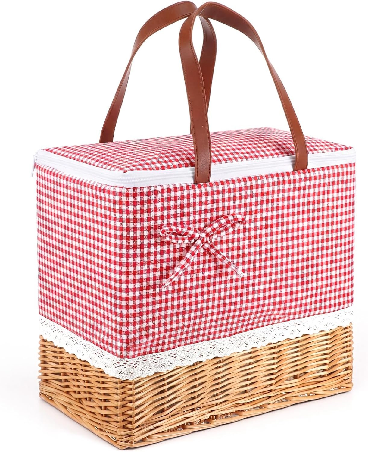 Insulated Wicker Beach Cooler Basket Tote Bag, Canvas Picnic Bag with Zipper Lid & Handles, Collapsible Picnic Basket for Women, Bride Gift, Beach, Pool, Camping, Outdoor Date(Red Checkered)