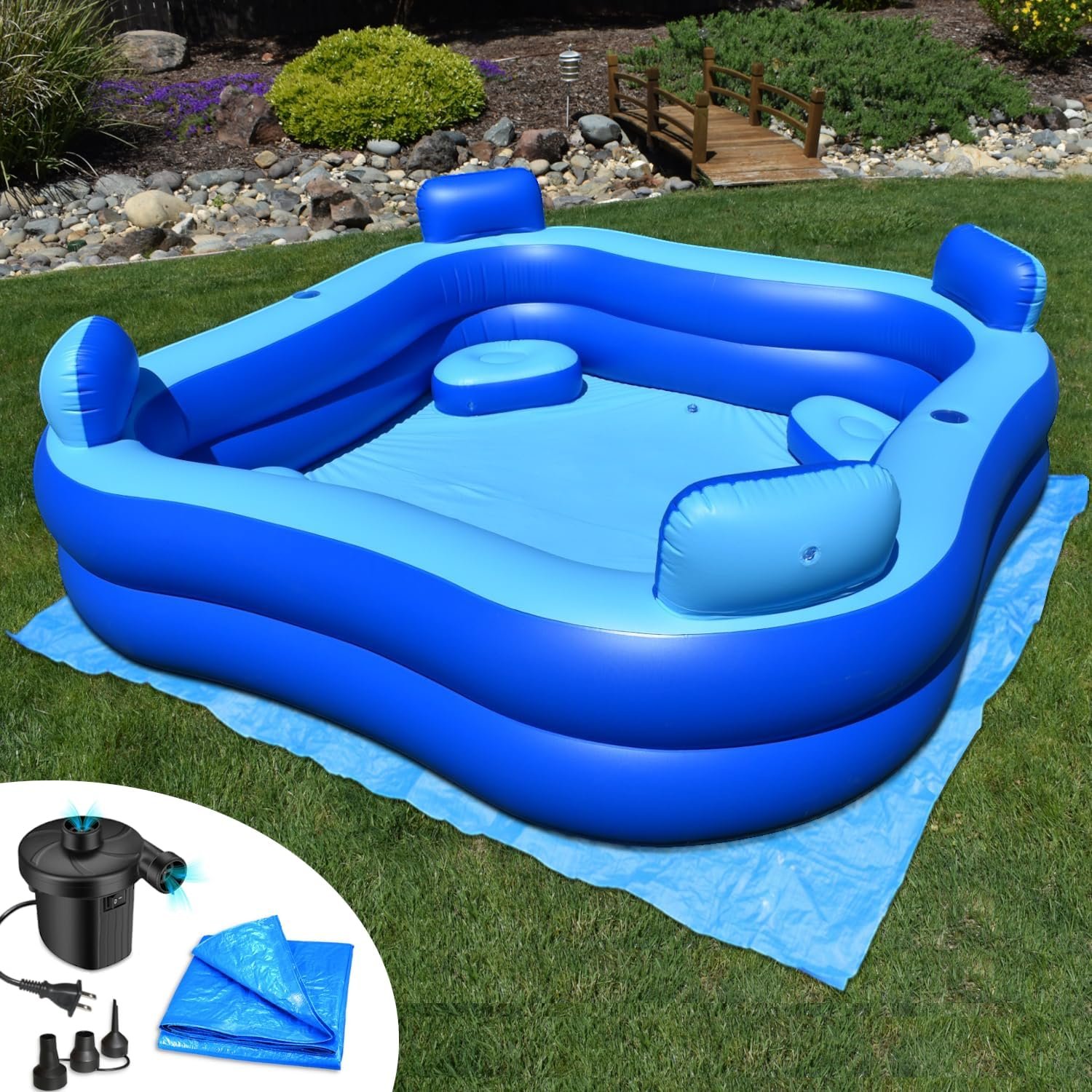 Inflatable Pool w/Seats & Headrests, 8ft x 8ft, Comes with Electric Pump and Ground Tarp Included – Fast Setup and Reinforced Seams