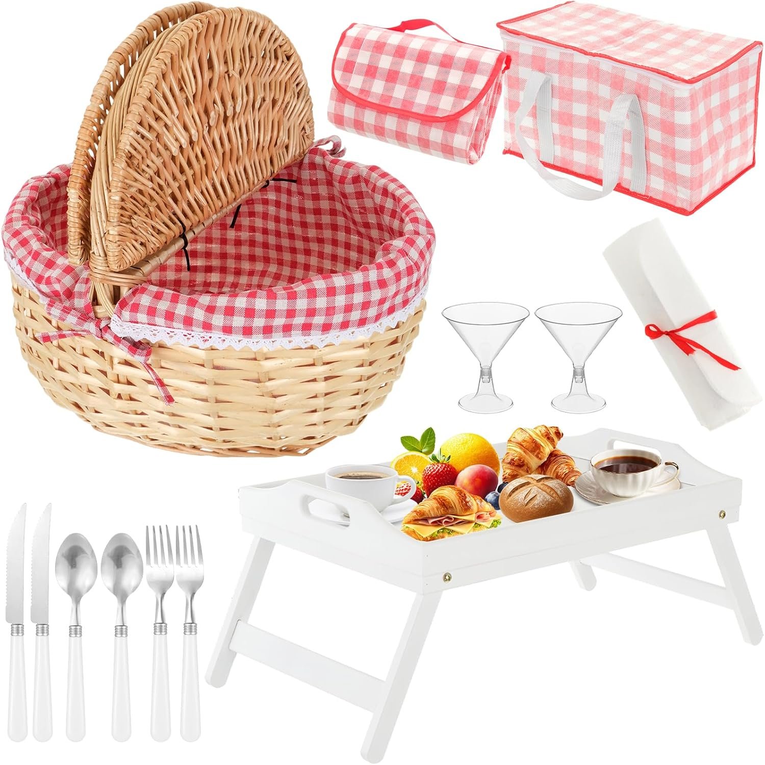 Picnic Basket Set for 2, Wicker Basket with Lid, Folding Table, Insulated Cooler Bag, Mat, Cutlery & Glasses, Red and White Checkered Complete Picnic Kit for Outdoor Camping Beach Park