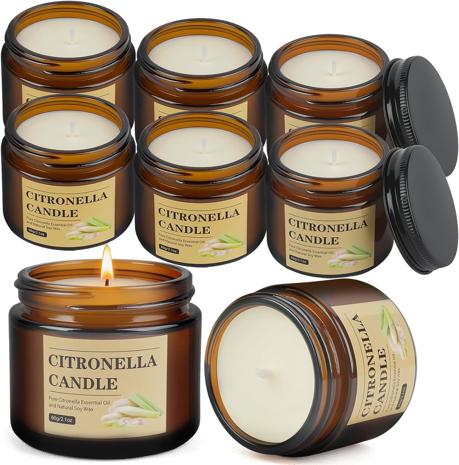 Citronella Candles Outdoor, 8 Pack Citronella Candles with Lids, 120 Hours Burn Time, Natural Soy Wax, Glass Jar Candle for Patio, Yard, Camping, Balcony, Garden, Summer Nights and Indoor Use