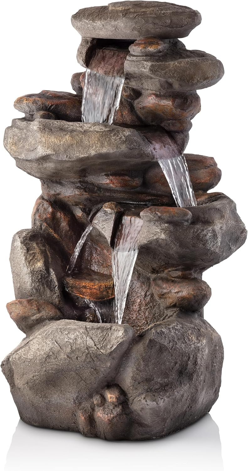 Alpine Corporation | 40″ 4-Tier Rock Floor Fountain with Cascading Water & White LED Lights, Tranquil Outdoor Water Feature for Garden, Patio, Yard & Deck, Light Gray