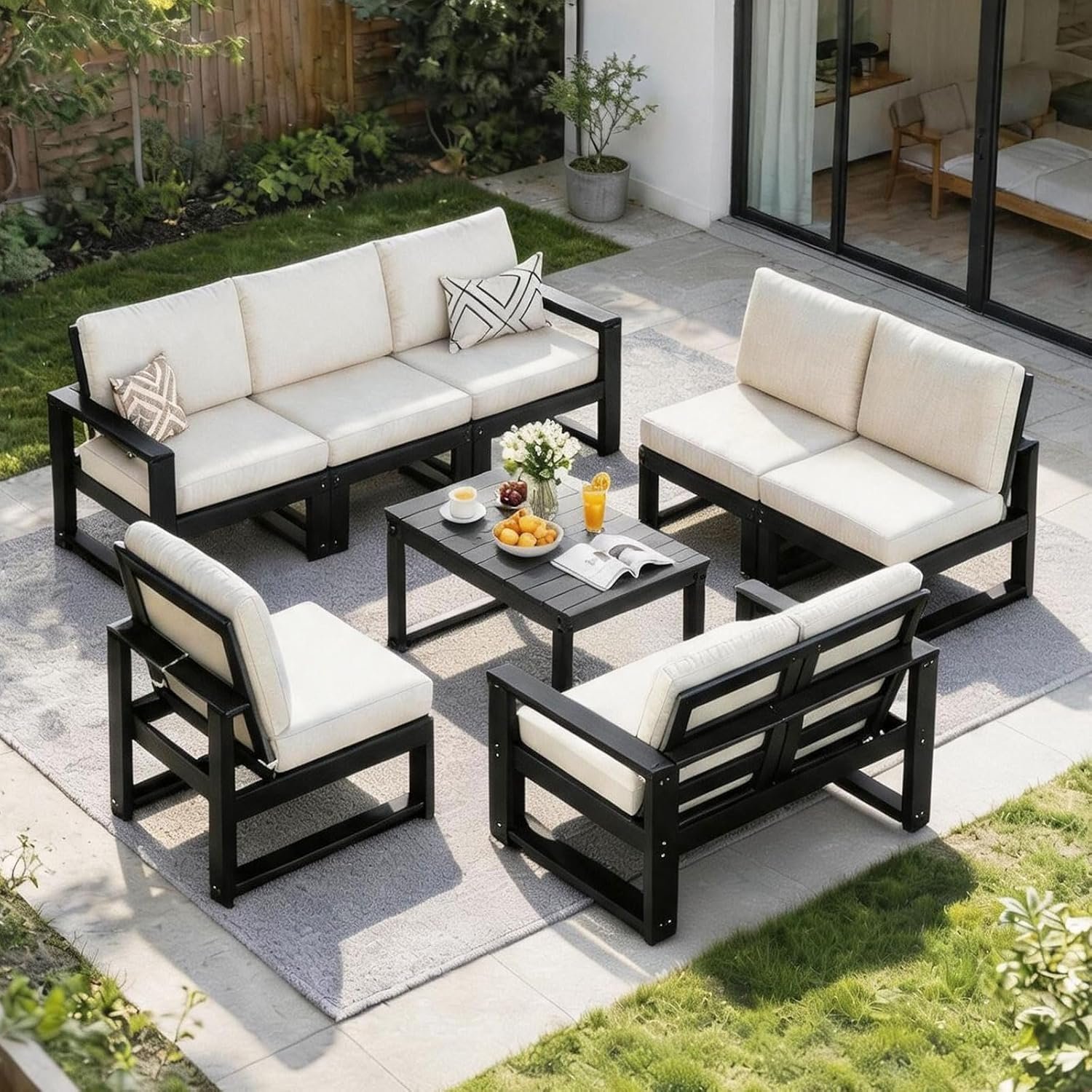 9-Piece Patio Furniture Set,HDPE Outdoor Furniture with Coffee Table,Outdoor Couch Sets with Cushions,Patio Sectional Sofas for Porch,Backyard,Deck,Black