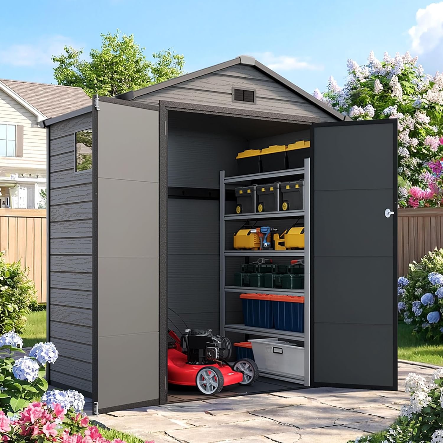 Quictent Resin 6×4 FT Storage Shed with Floor, Plastic Storage Shed with Lockable Door, Window & Vents, Outdoor Shed to Store Patio Furniture, Garden Tools Bike, Lawn Mower, Dark Gray（5.3X3.5FT Base）