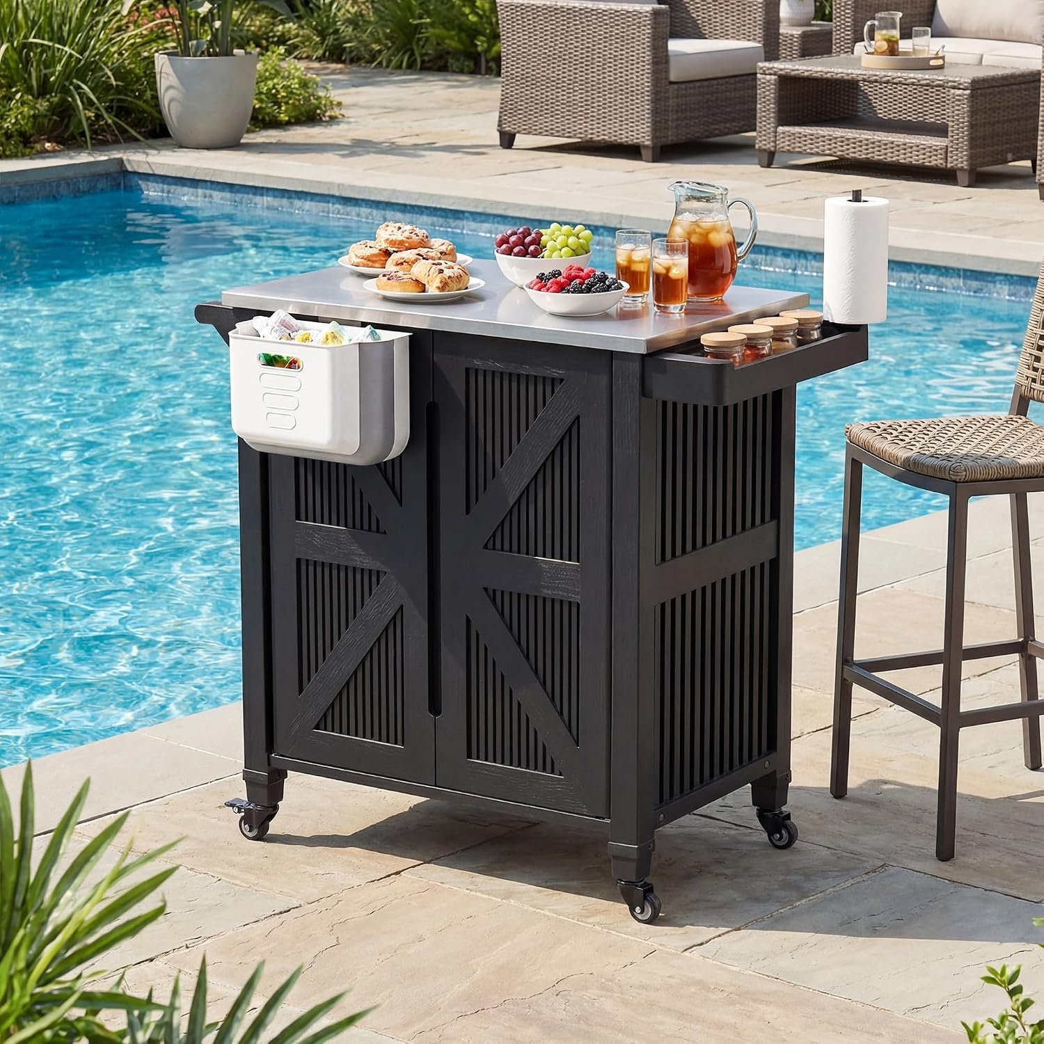 Outdoor Grill Cart with Stainless Steel Top, Outdoor Kitchen Island BBQ Prep Table, 2-Tier Storage Cabinet, Rolling Utility Station with Hanging Trash Bin, Wheels, Side Shelf for Patio, Yard, Picnic