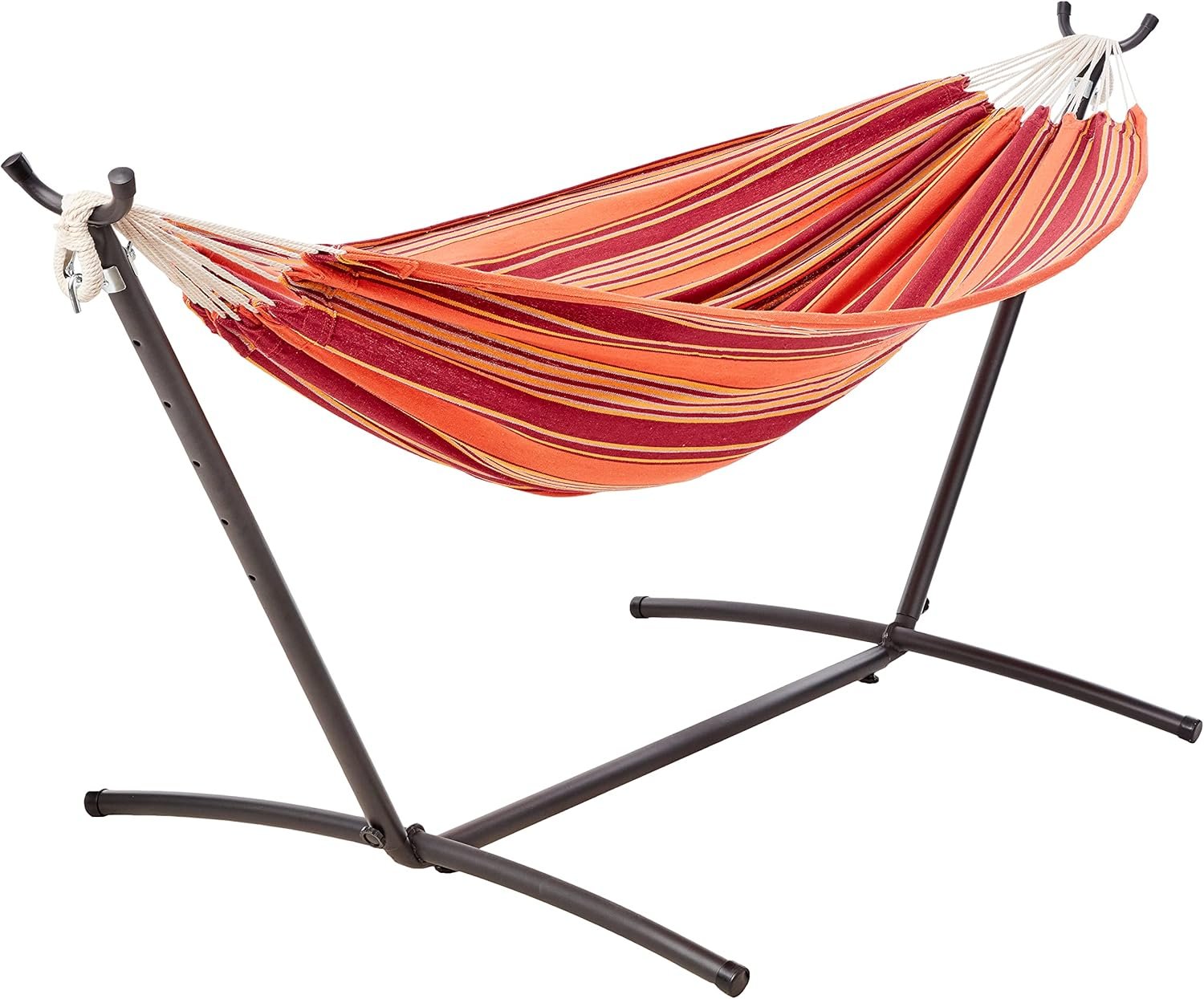 Amazon Basics Double Hammock with 9-Foot Space Saving Steel Stand and Carrying Case, 2 Person, 450 lb Capacity, Sunset Orange Stripe, 110″ x 47″ x 43″, Outdoor