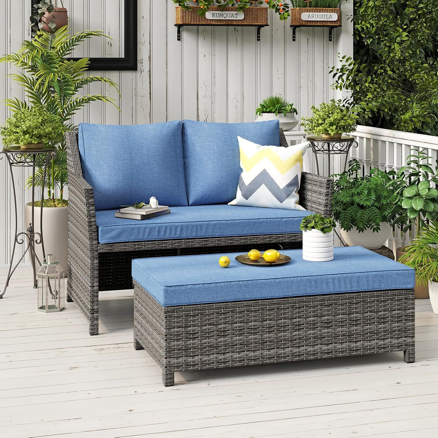 OC Orange-Casual Wicker Patio Loveseat w/Storage Ottoman, 2 Pcs, Navy Blue | 2-Seat Outdoor Couch,w/Soft Cushions & Built-in Storage Table, Lounge Patio Furniture for Backyard, Porch, Balcony, Apartment