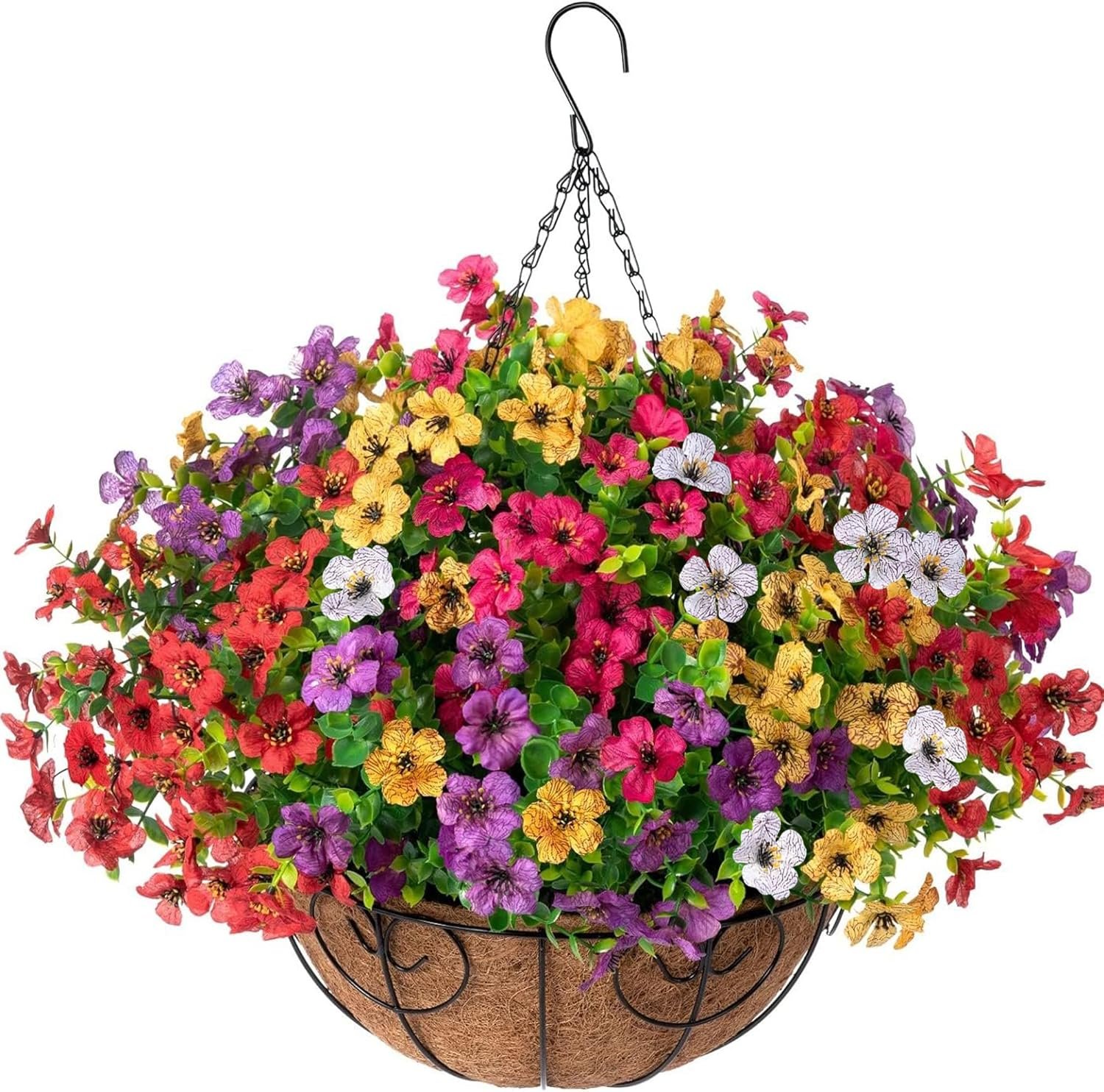 HyeFlora Artificial Faux Hanging Plants Flowers Basket for Summer Outdoor Outside Decoration, Fake Silk UV Sun Resistant Look Real Colorful Daisy Eucalyptus for Porch Home Patio Balcony Yard