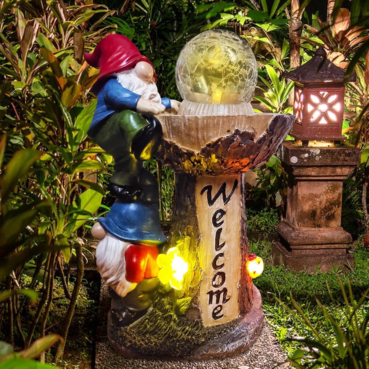 Garden Gnomes Outdoor Statue with Solar LED Lights, Solar Garden Gnomes Decorations10.4 in Funny Double Gnomes Sculptures Home Outdoor Lawn Yard Decor, Ideal Gnomes Gifts for Women/Grandma/Mom