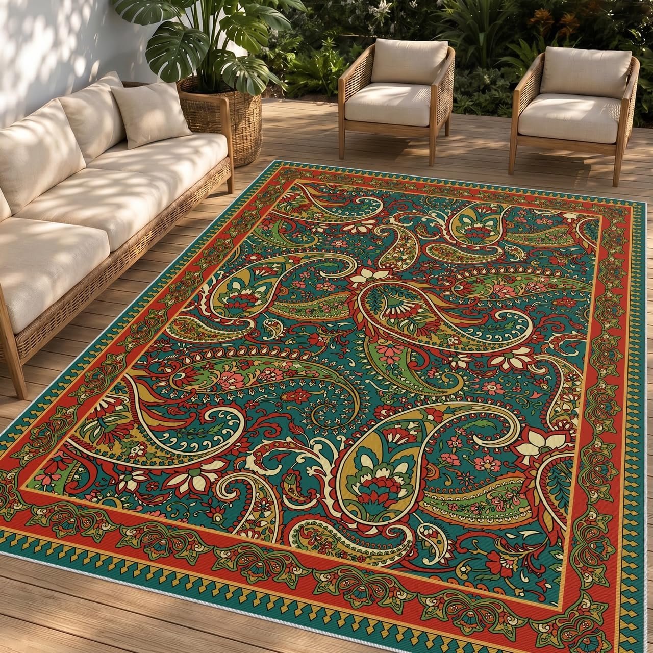 Arenarug Paisley Outdoor Rug Waterproof 5×8, UV Resistant Non Slip Patio Rug, Indoor Outdoor Boho Camping Rug Linen-Look RV Carpet for Deck Balcony Backyard, Terracotta