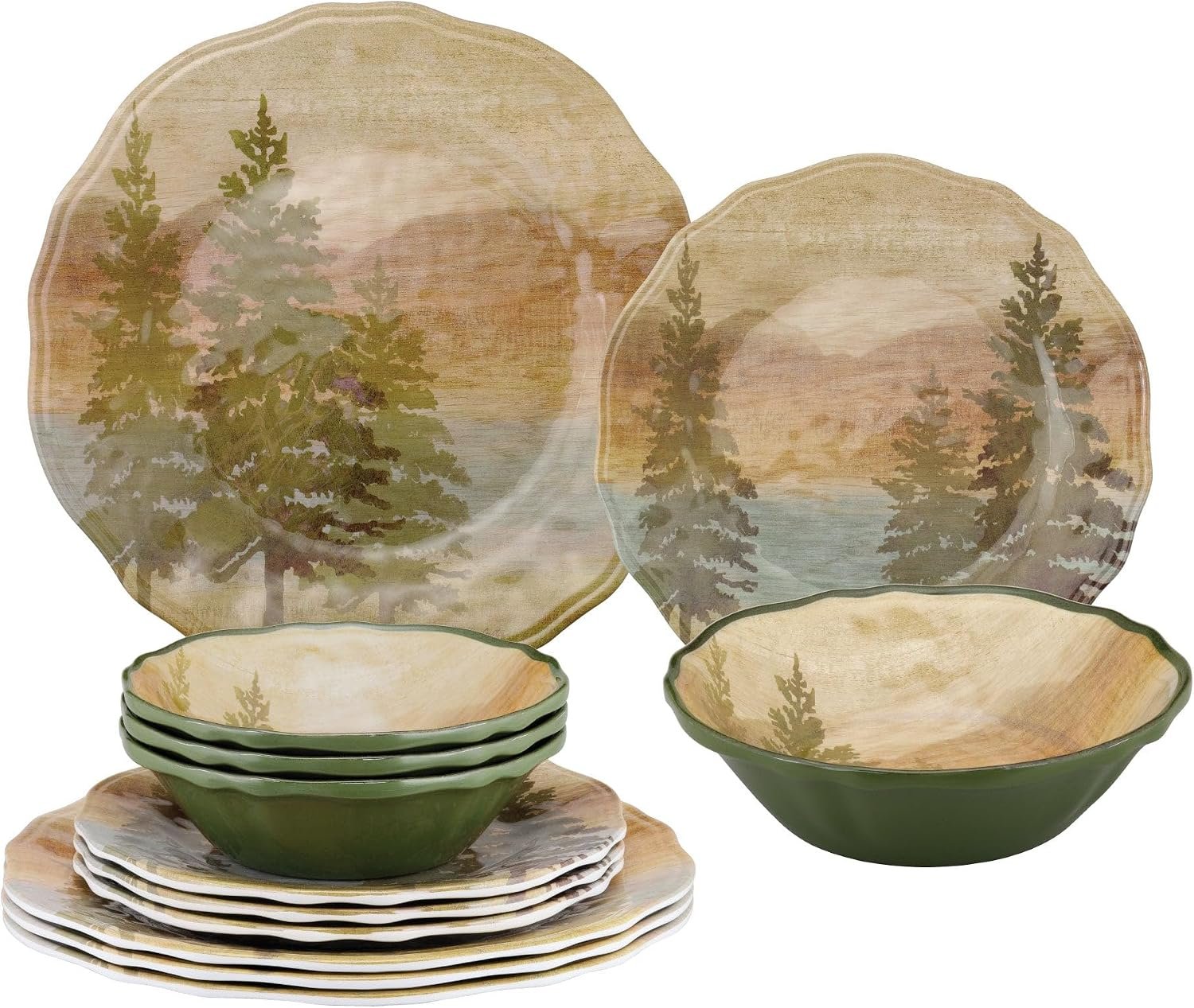 UPware 12 Piece Lakeside Pine Melamine Dinnerware Sets, Outdoor Dishes Set, Plates and Bowls Sets, Service for 4, Beige