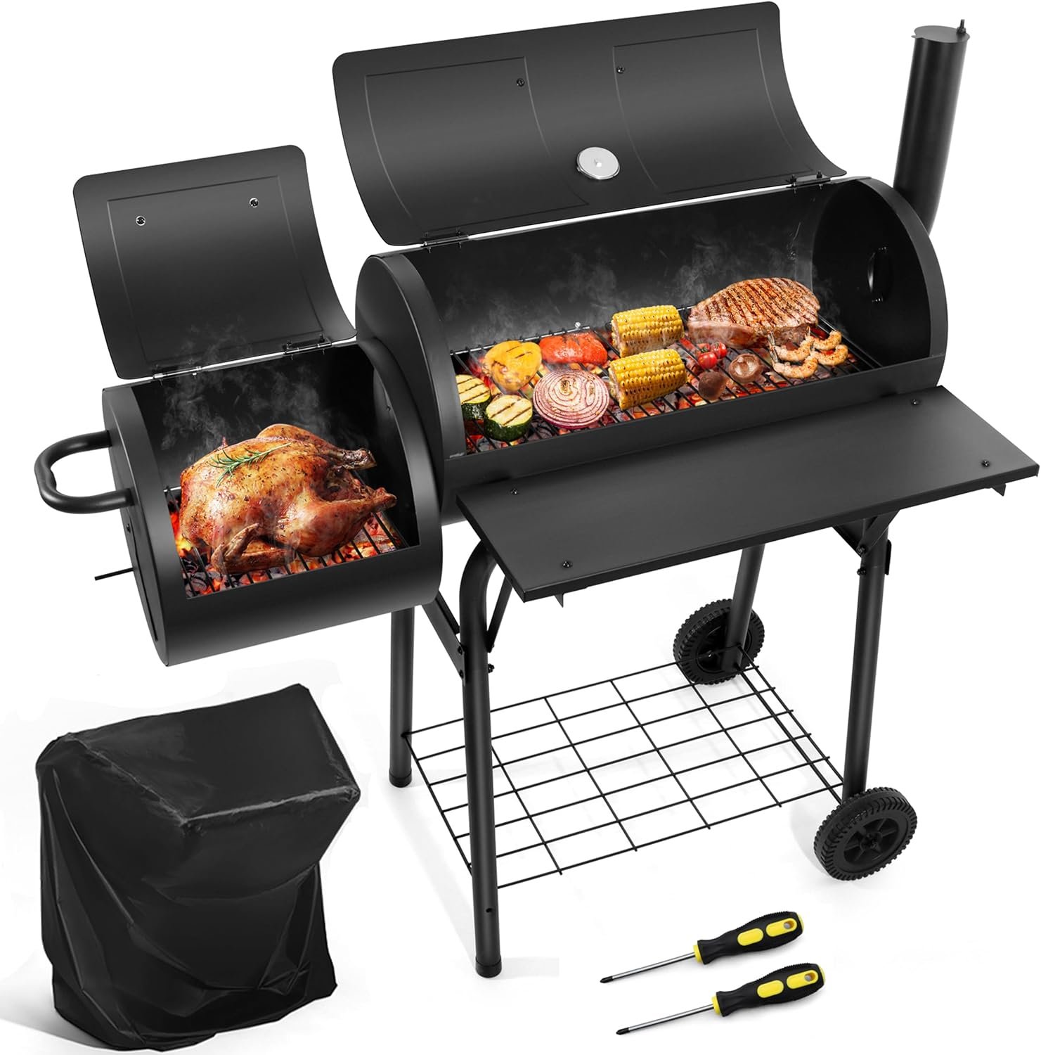HaSteeL Outdoor Charcoal Grill with Cover, Large Barrel BBQ Grill with Offset Smoker, Great for Camping Patio Backyard Garden Party Picnic Beach, Large 420.SQ.IN Cooking Area, 2 Screwdrivers – Black