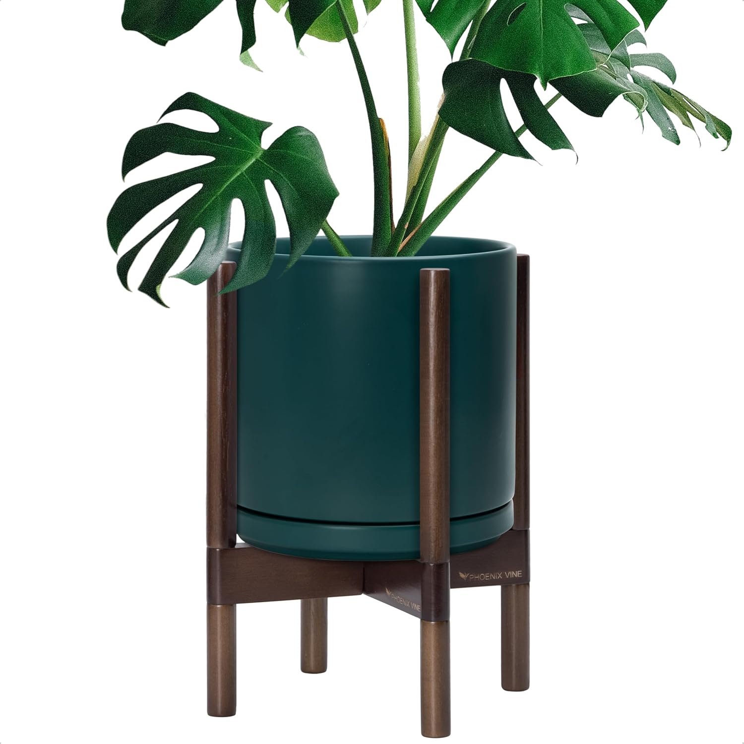 D’vine Dev Ceramic Pot with Walnut Wood Stand, Teal, 10 in, 55-B-X-4 | Mid-Century Modern Design, Raised Plant Display, Solid Beech Wood Stand, Premium Craftsmanship, Sophisticated Home Decor